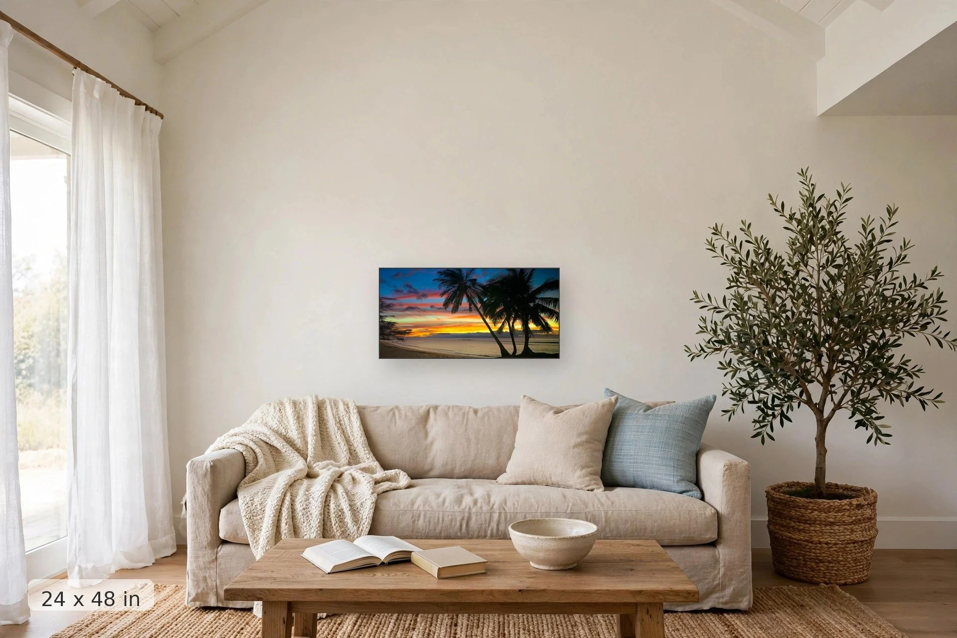 Sunset at Mala, Maui — Mala Sunset print, 32x48 mockup above a living room sofa