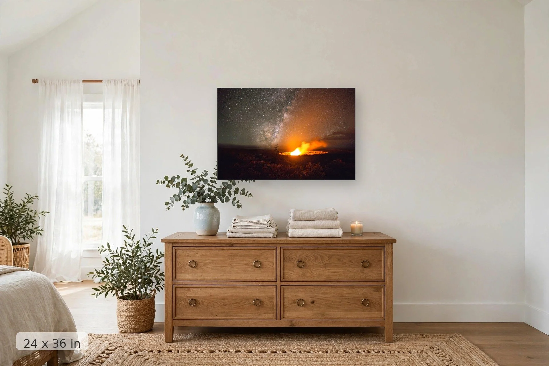glowing volcanic caldera with milky way — Caldera and Milky Way print, 24x36 mockup above a dresser