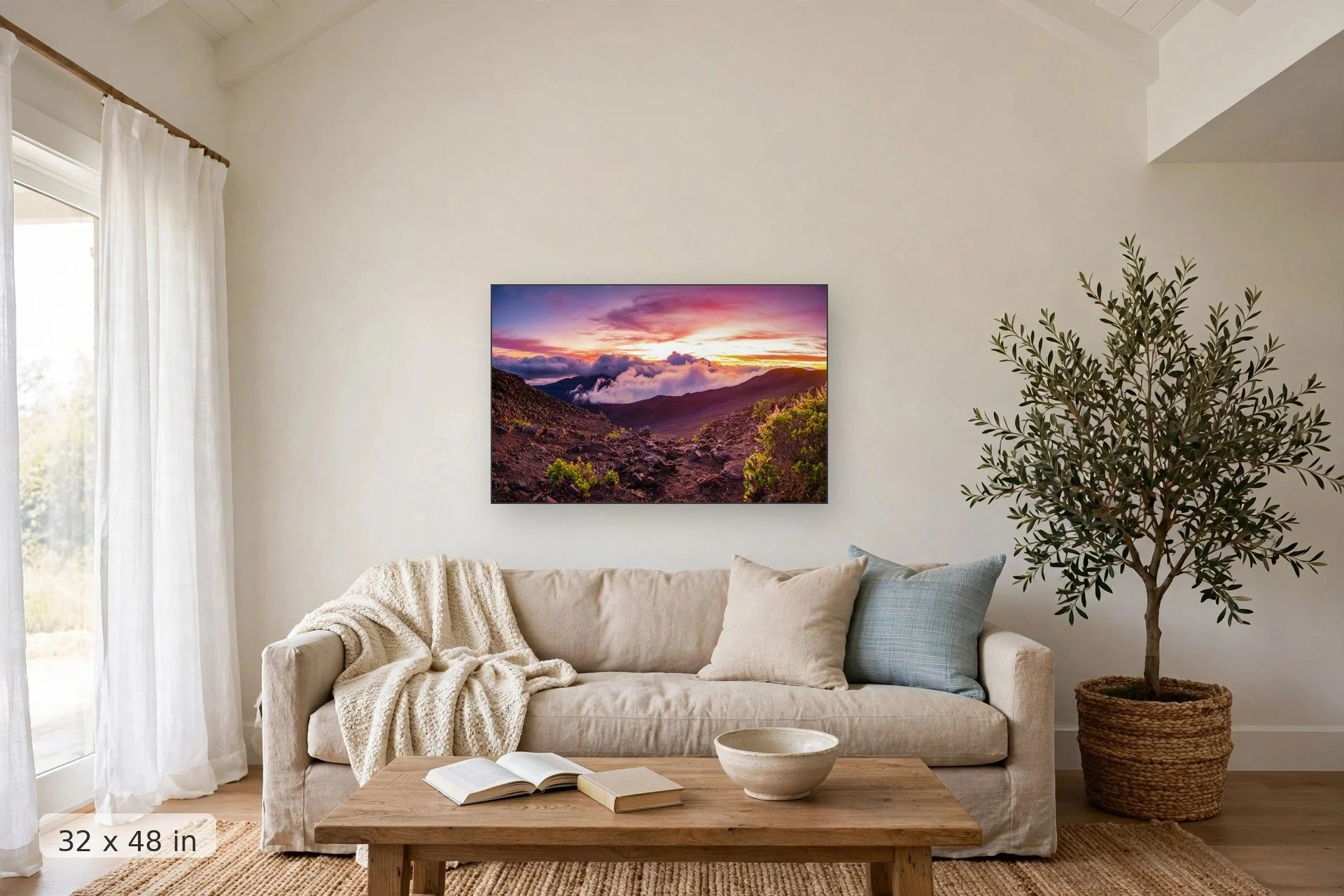 sunrise over Haleakala Crater, Maui — Crater Sunrise print, 32x48 mockup above a living room sofa