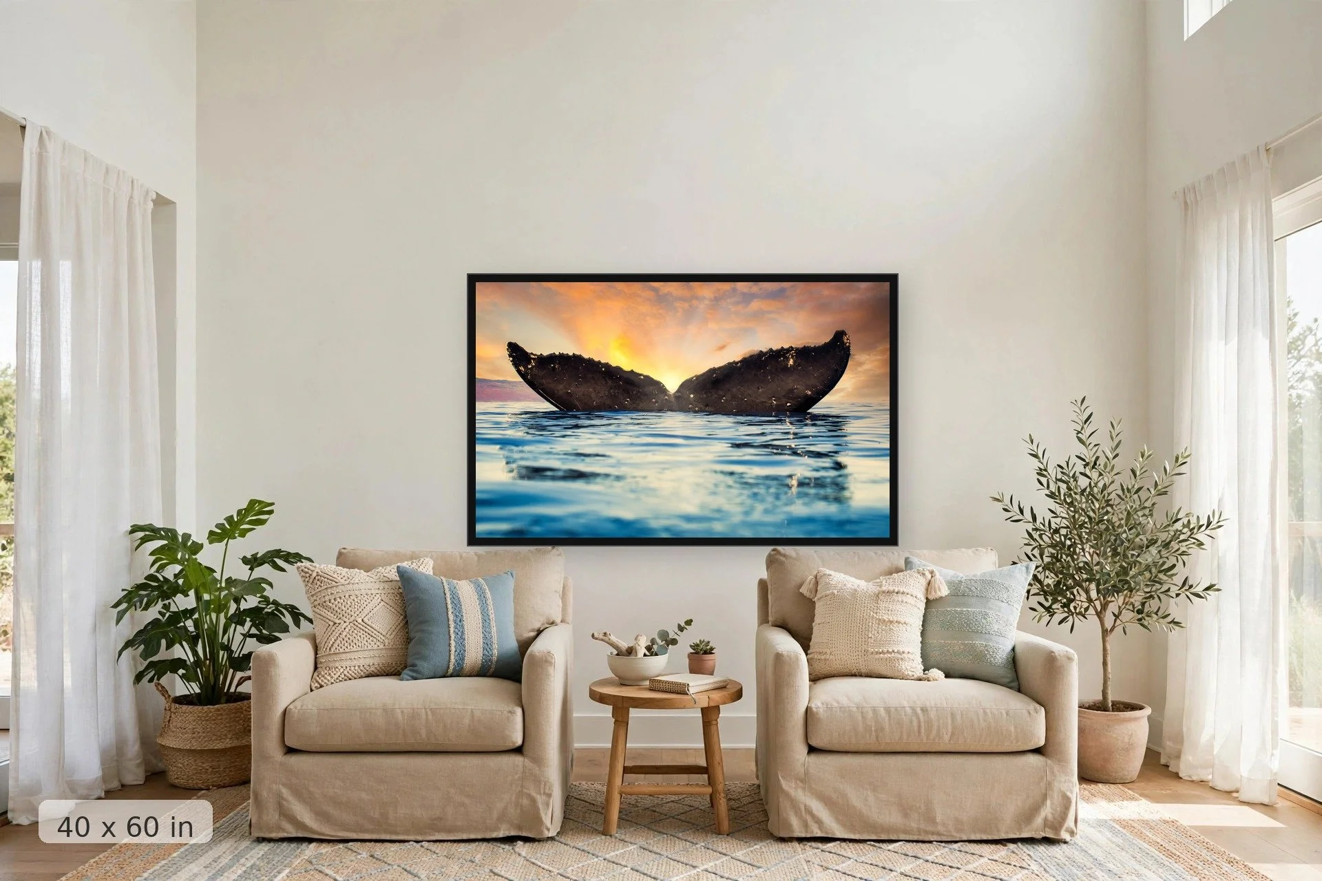 Humpback whale tail at sunset — Whale Tail Sunset print, 40x60 large mockup in a living room