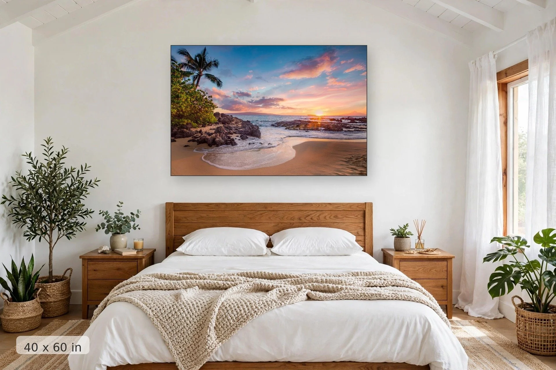 makena cove beach with pink sunset in background — Makena Cove Sunset print, 40x60 mockup above a bedroom headboard