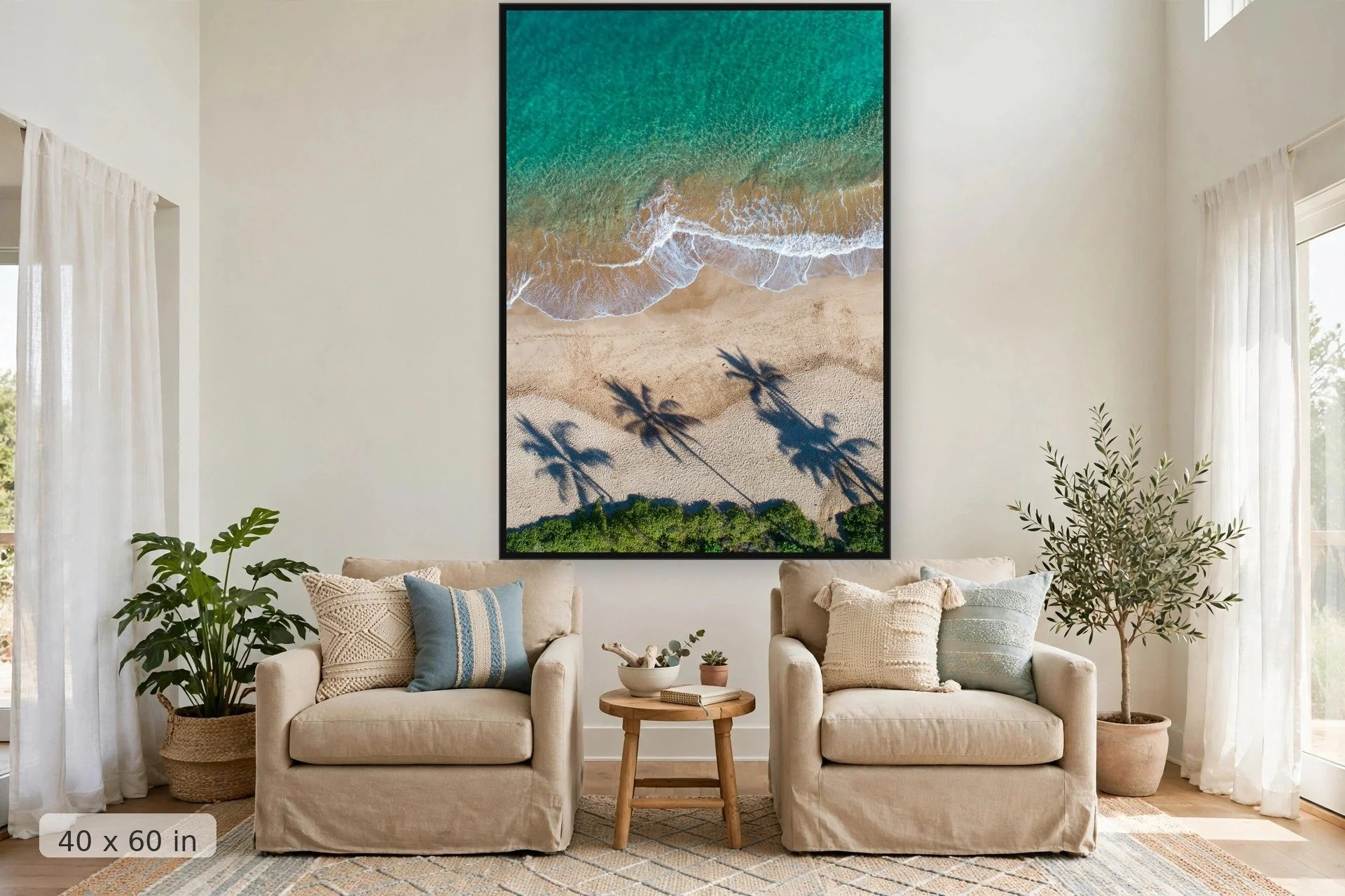 Aerial view of tropical coastline — Aerial Makalua print, 40x60 large mockup in a living room