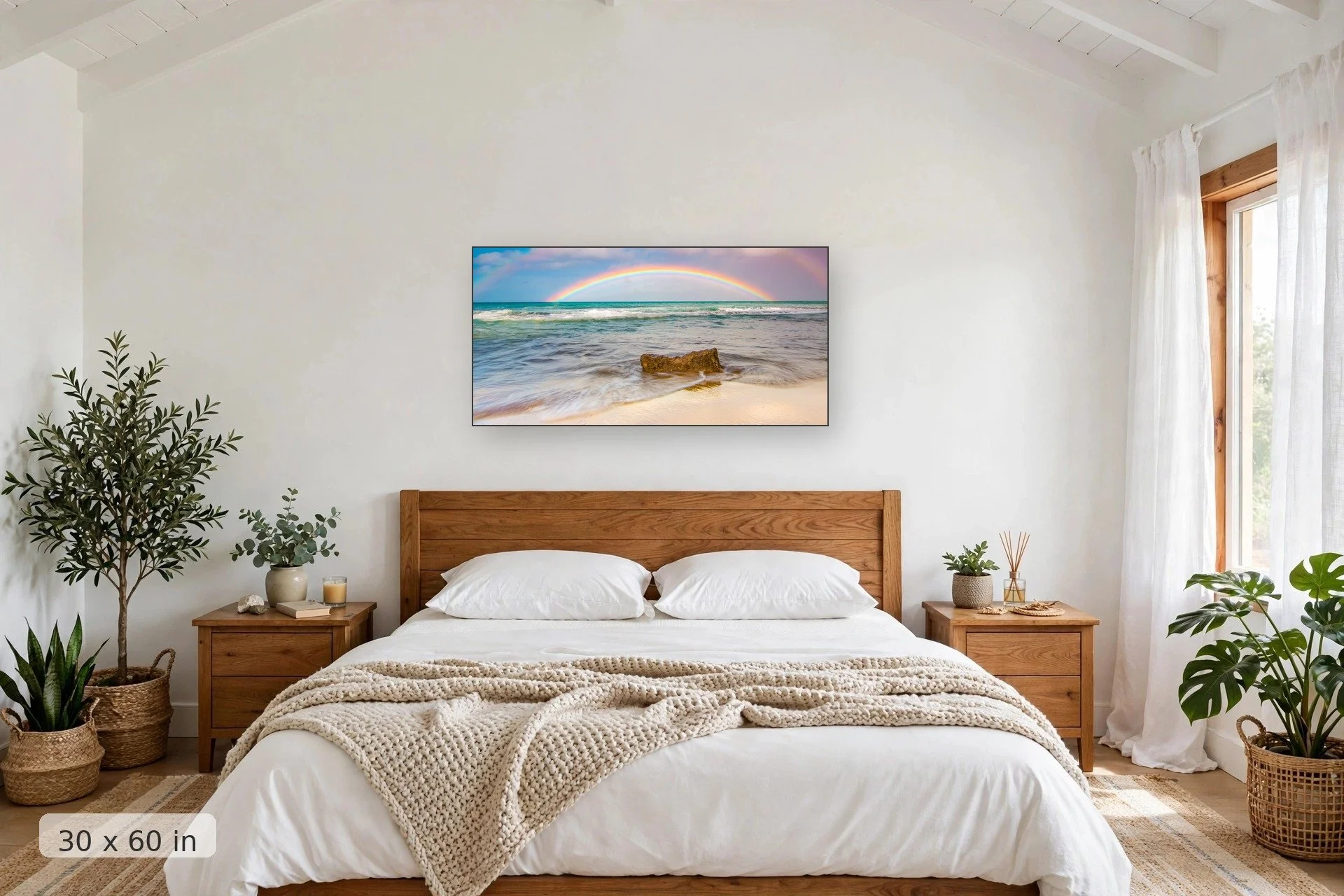 Morning rainbow over Maui — Morning Rainbow print, 40x60 mockup above a bedroom headboard