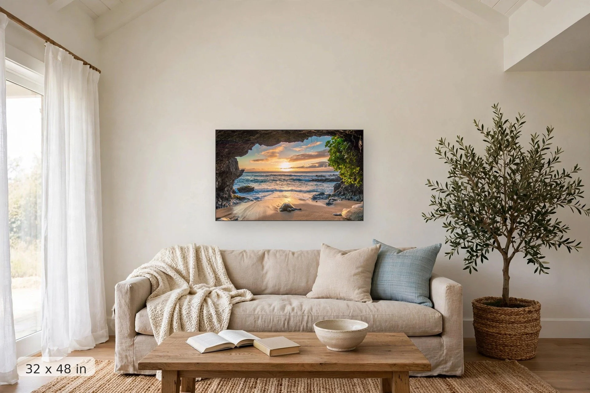 a lone sea turtle suns its back in a deserted cave in maui — Honu Cave print, 32x48 mockup above a living room sofa