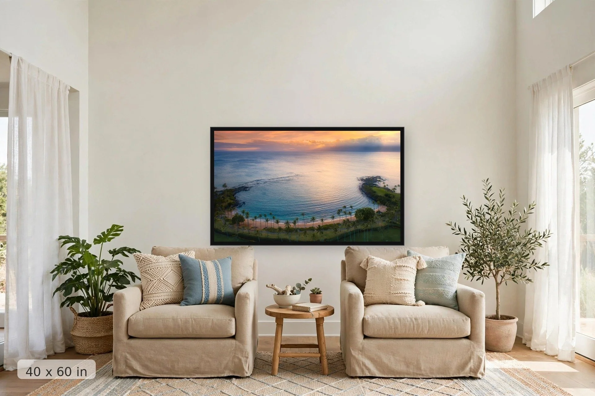 drone view of kapalua bay during sunset showing pastel colors — Kapalua Bay print, 40x60 large mockup in a living room