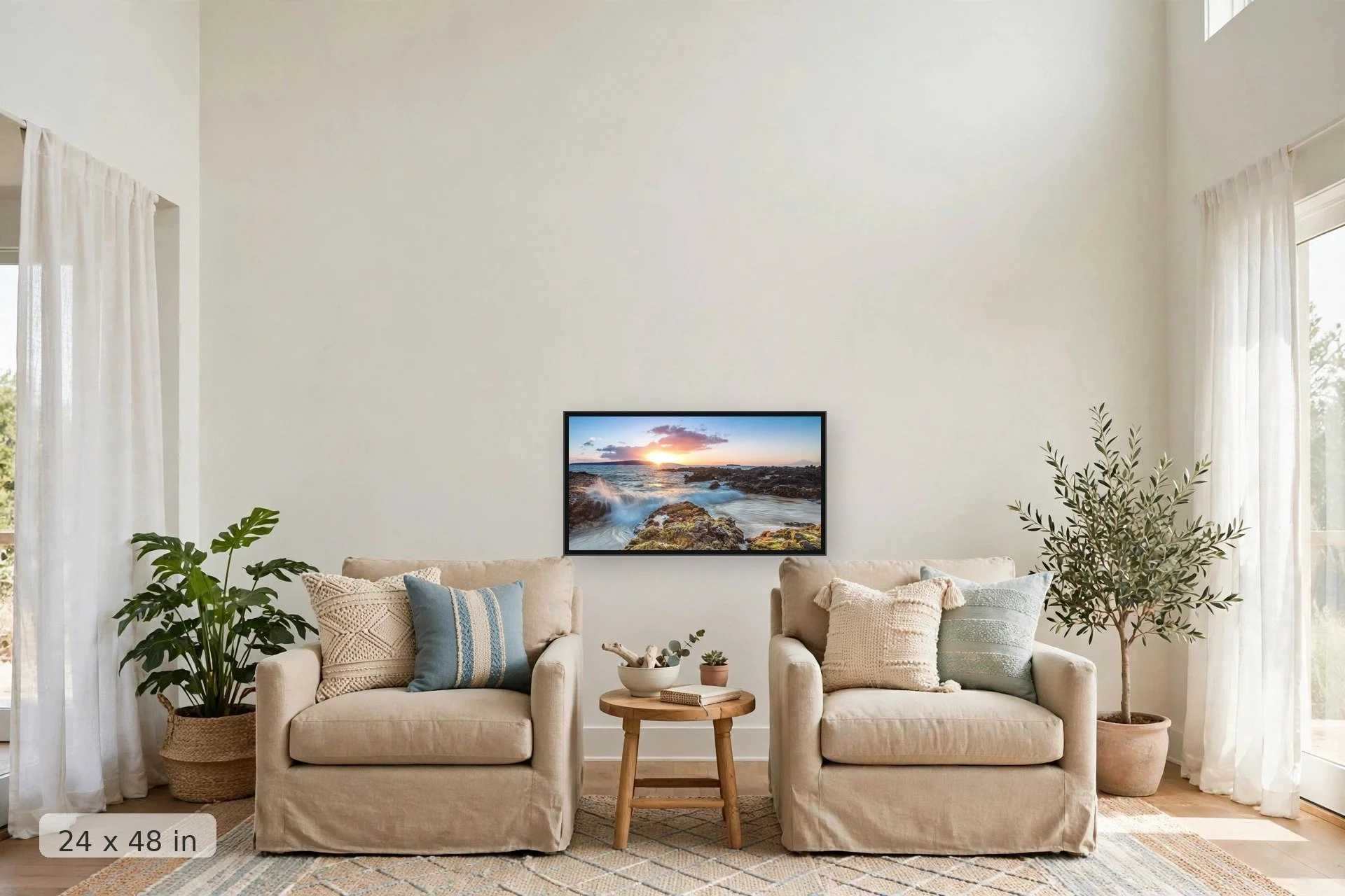 sunset over tidepools — Secrets Sunset print, 40x60 large mockup in a living room