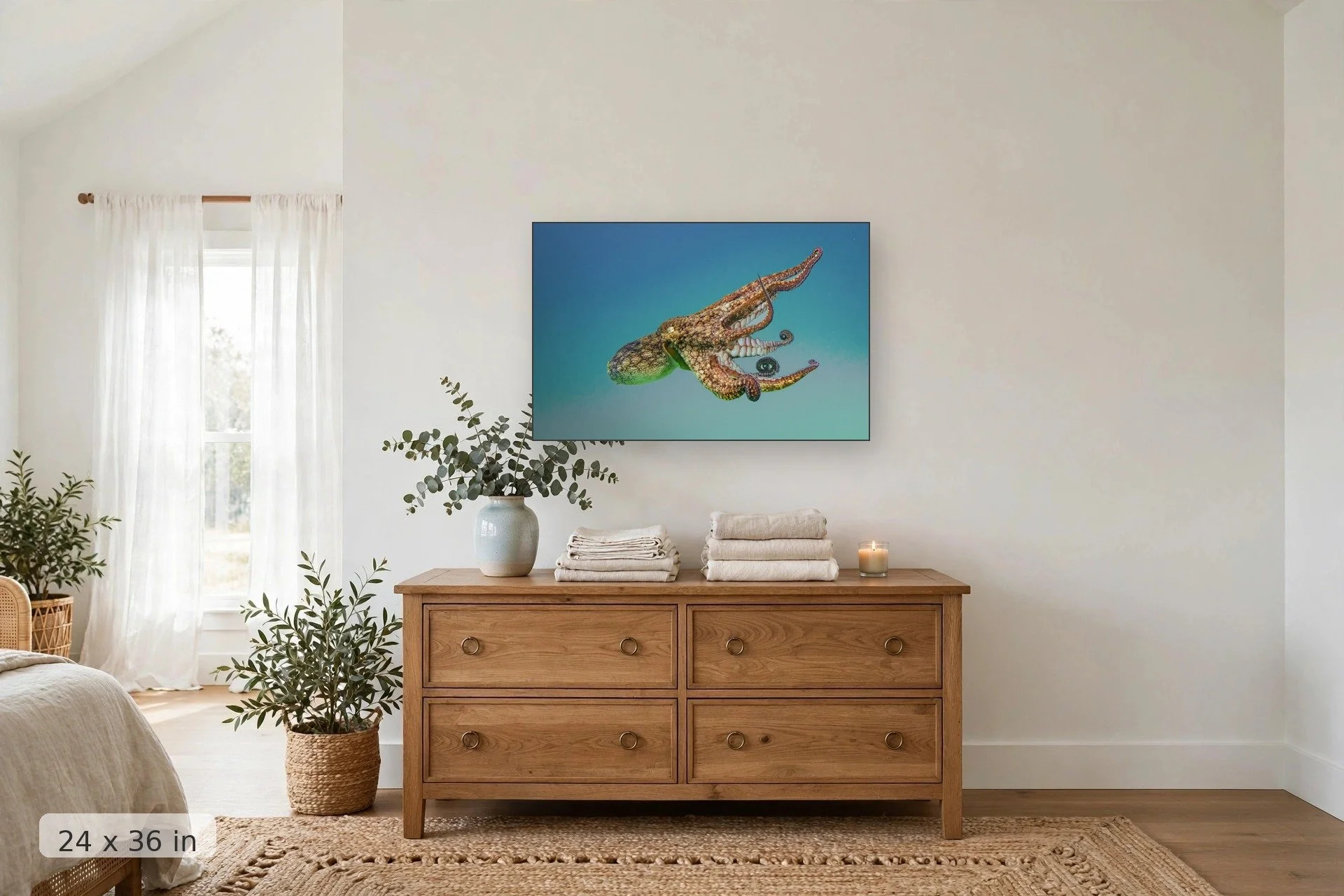 Green octopus swimming in Baja — El Pulpo 2 print, 24x36 mockup above a dresser