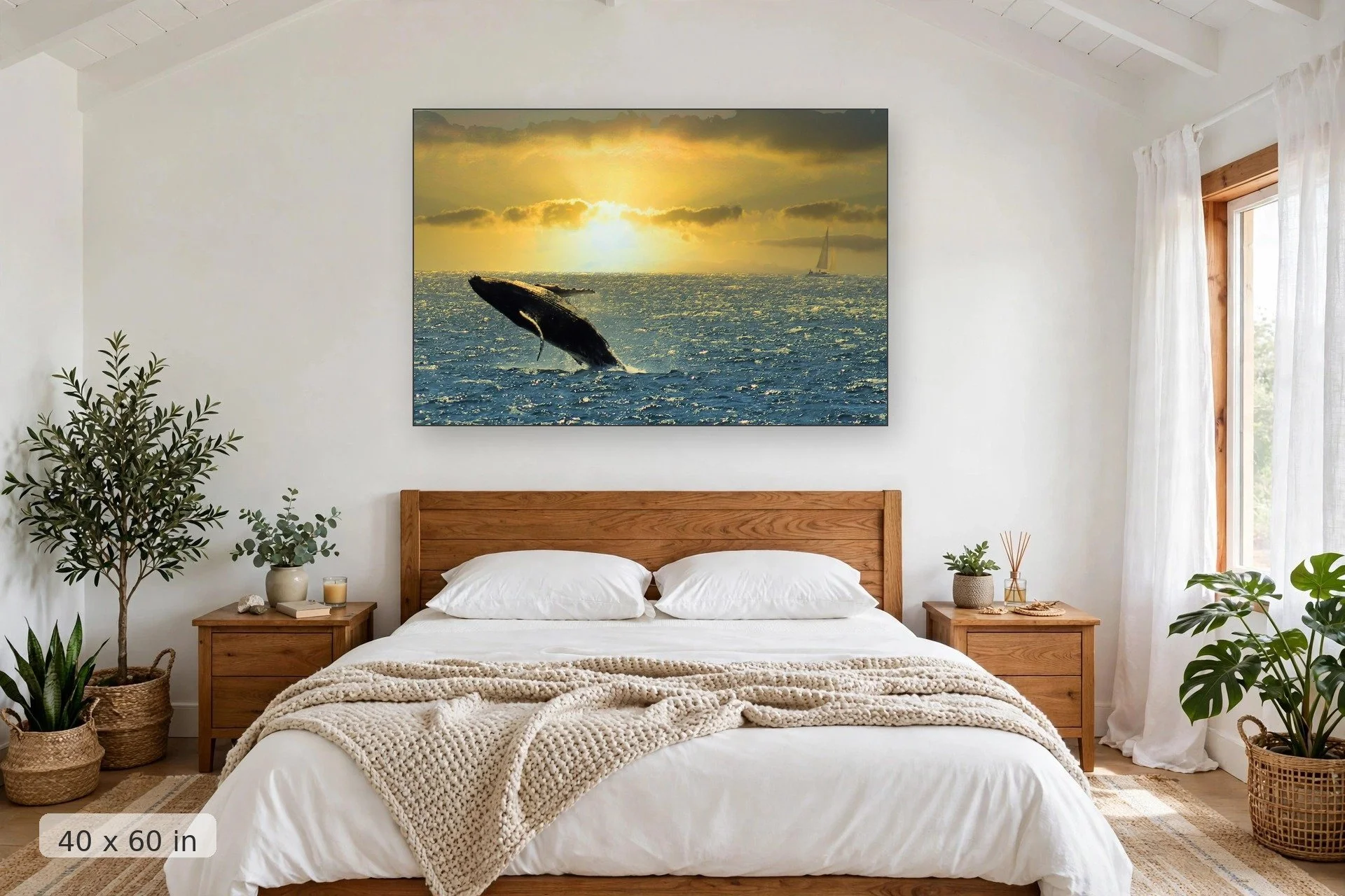 Humpback whale breaching at sunset — Sunset Breach print, 40x60 mockup above a bedroom headboard