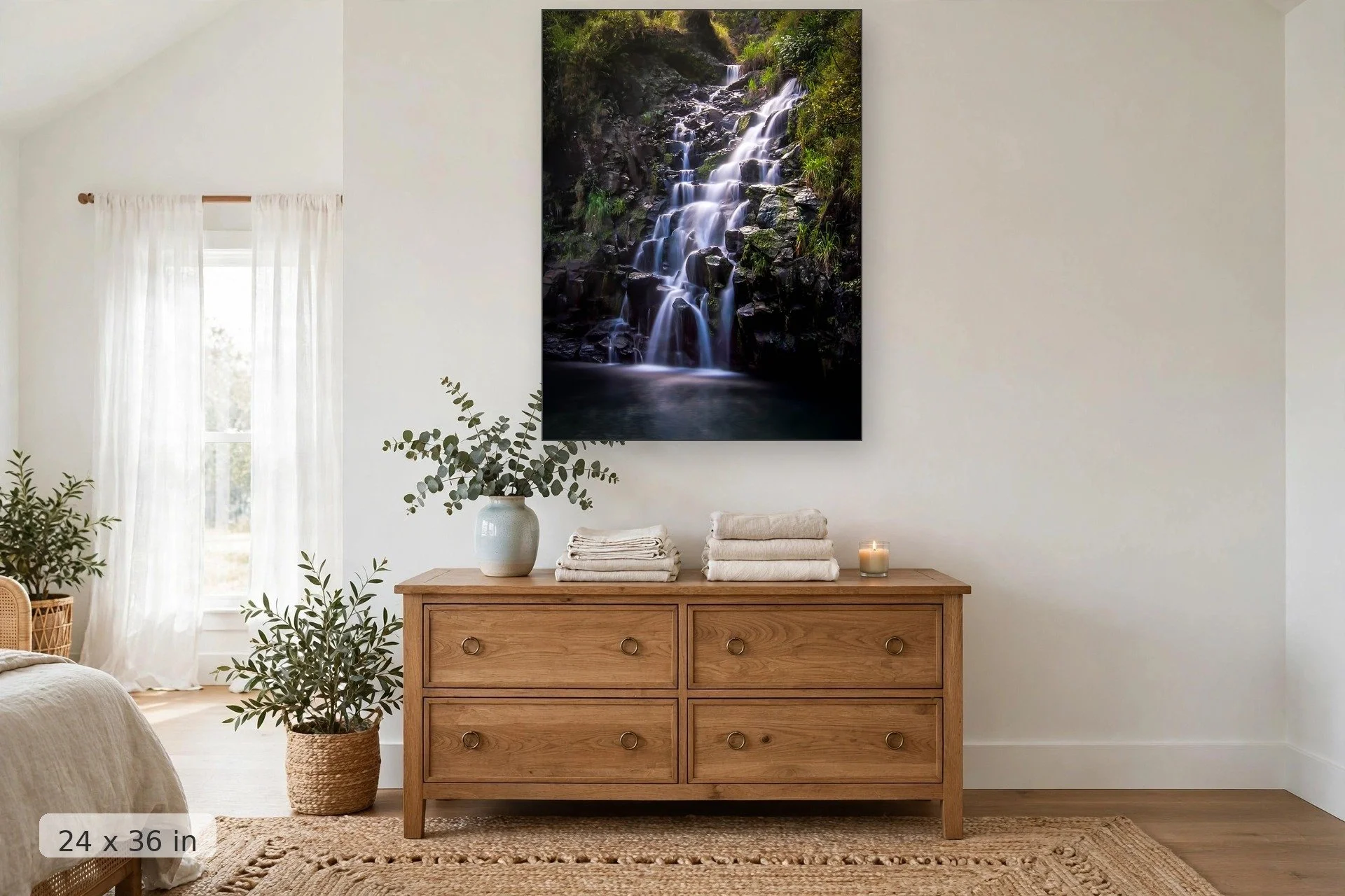 Emerald canyon waterfall — Flowing Staircase print, 24x36 mockup above a dresser