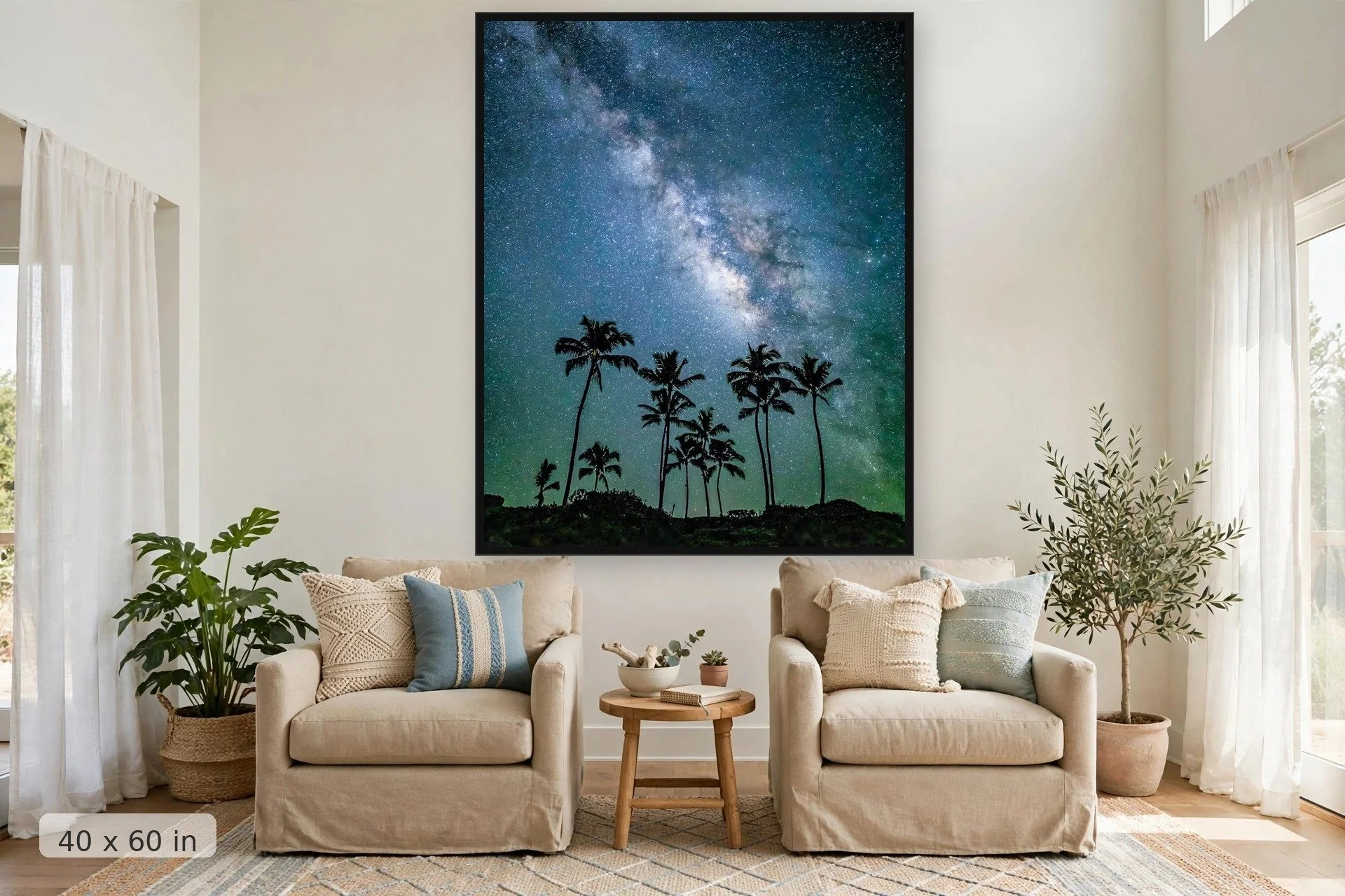Milky Way over a palm grove — Palm Grove Milky Way print, 40x60 large mockup in a living room