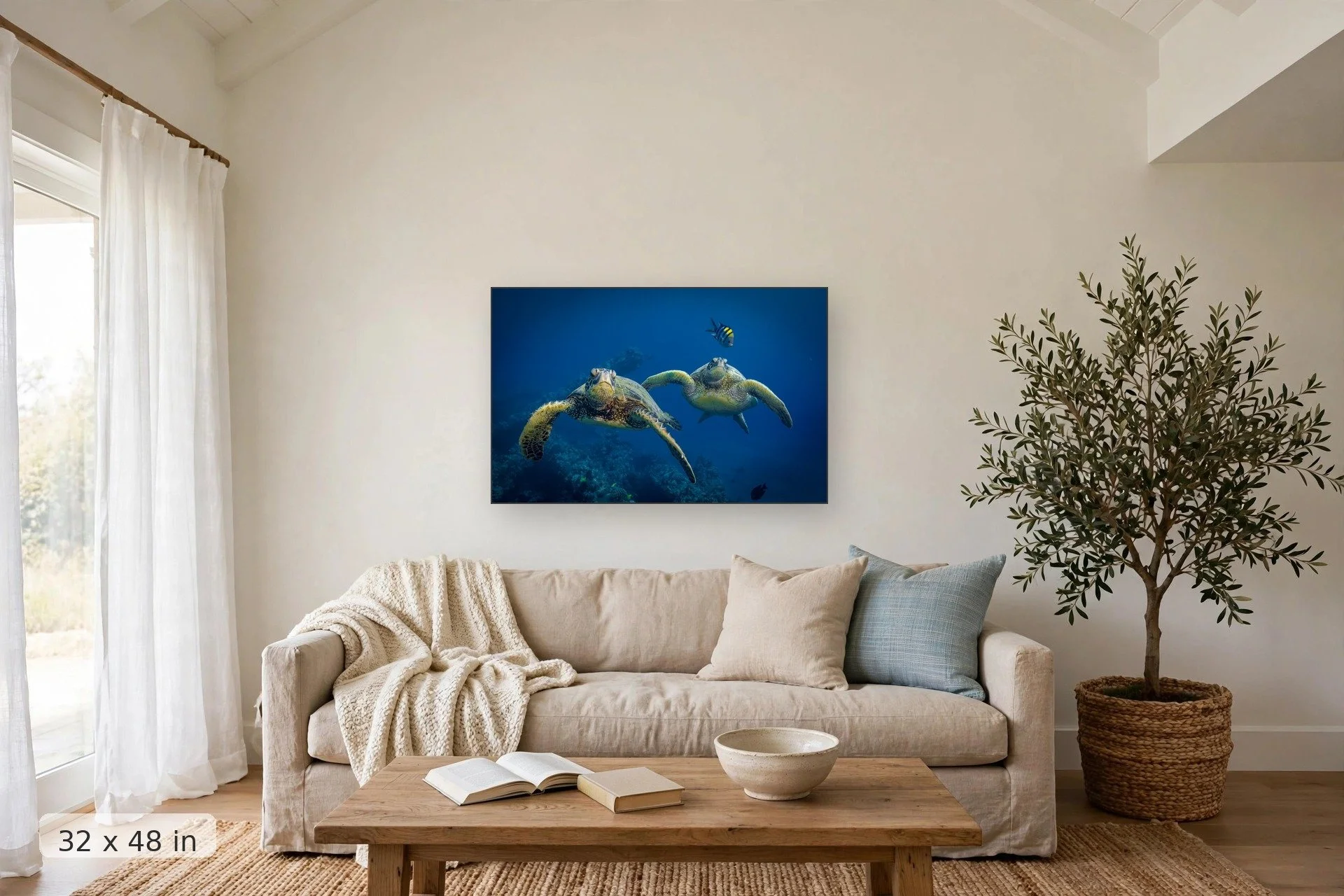 two turtles swim in formation with a sergeant major in tow — Double Turtle print, 32x48 mockup above a living room sofa