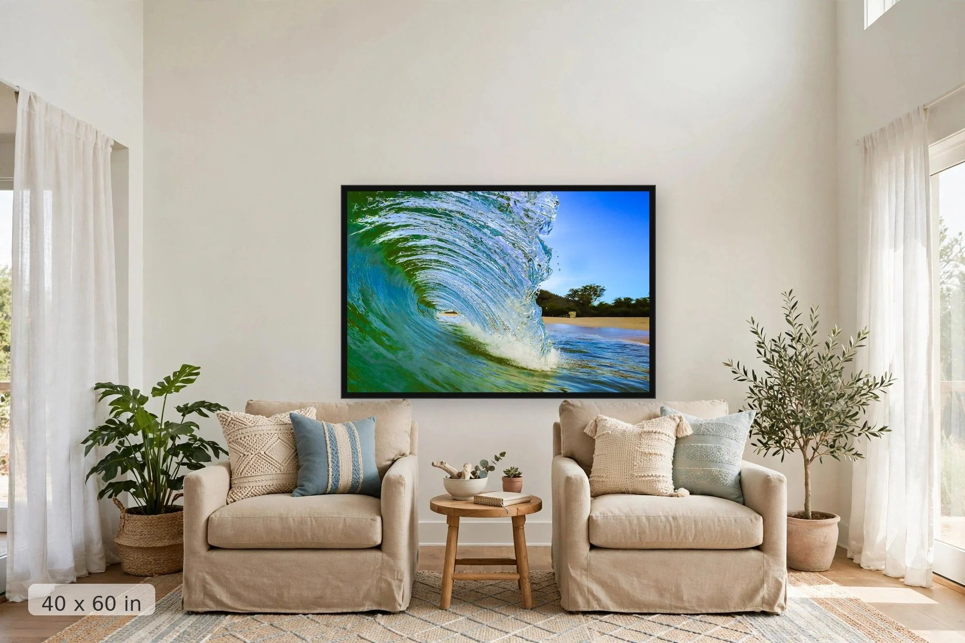 Translucent glassy wave barrel — Glass Barrel print, 40x60 large mockup in a living room