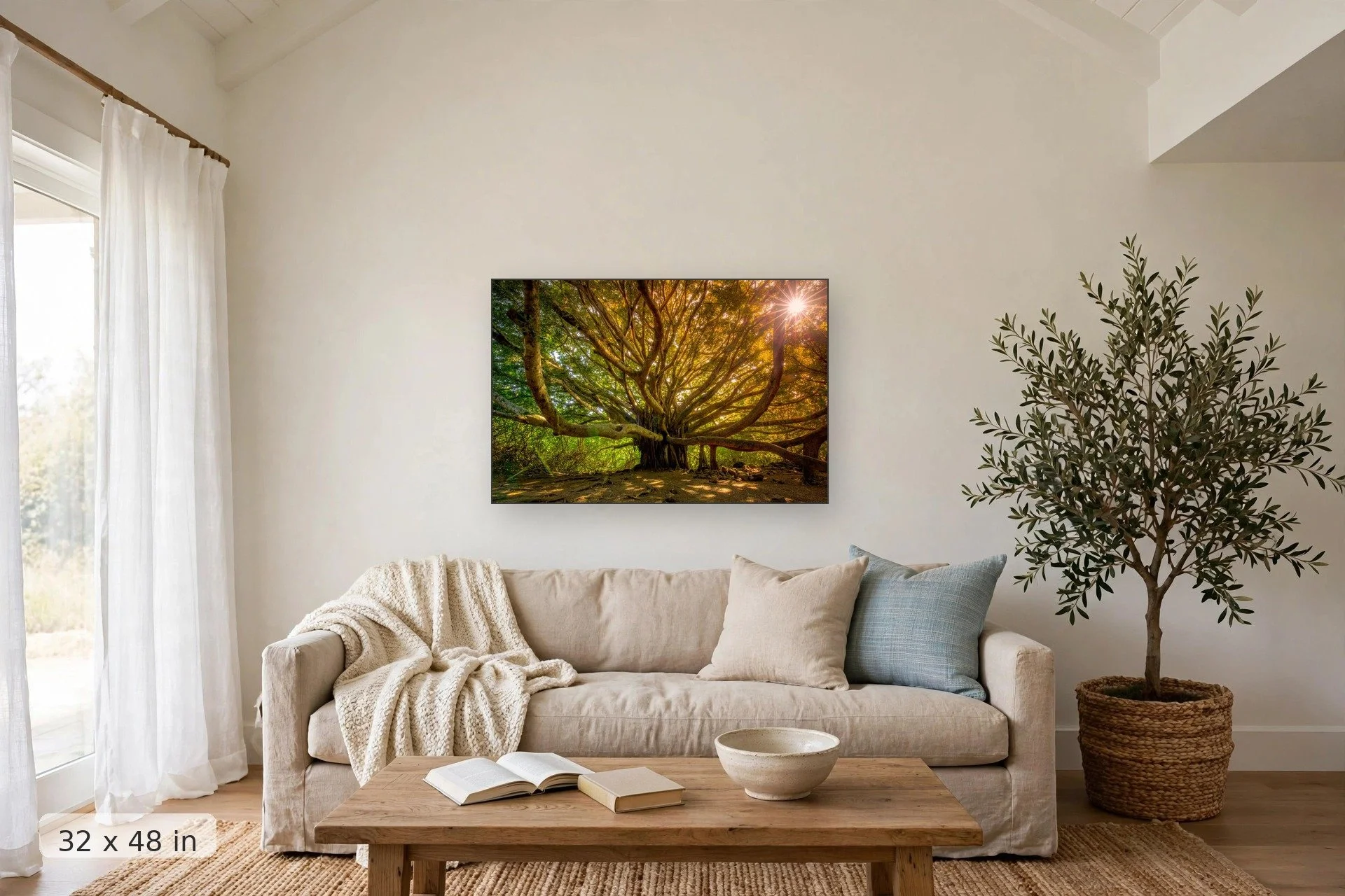 massive banyan tree at pipiwai in hawaii with sunset shining through branches — Pipiwai Banyan print, 32x48 mockup above a living room sofa