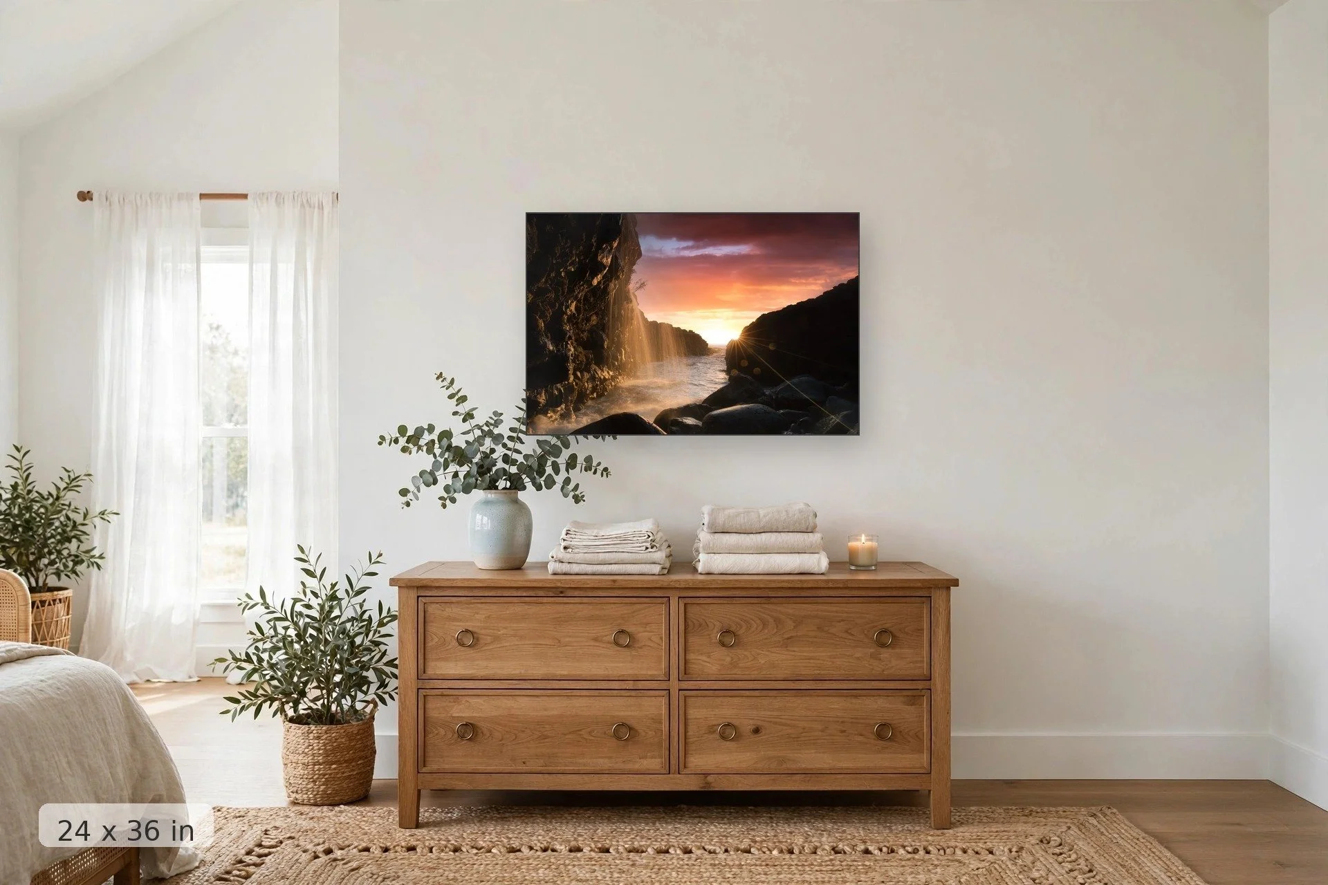 view from below queens bath in kauai with bright pink sunset in background — Mystical Sunset print, 24x36 mockup above a dresser