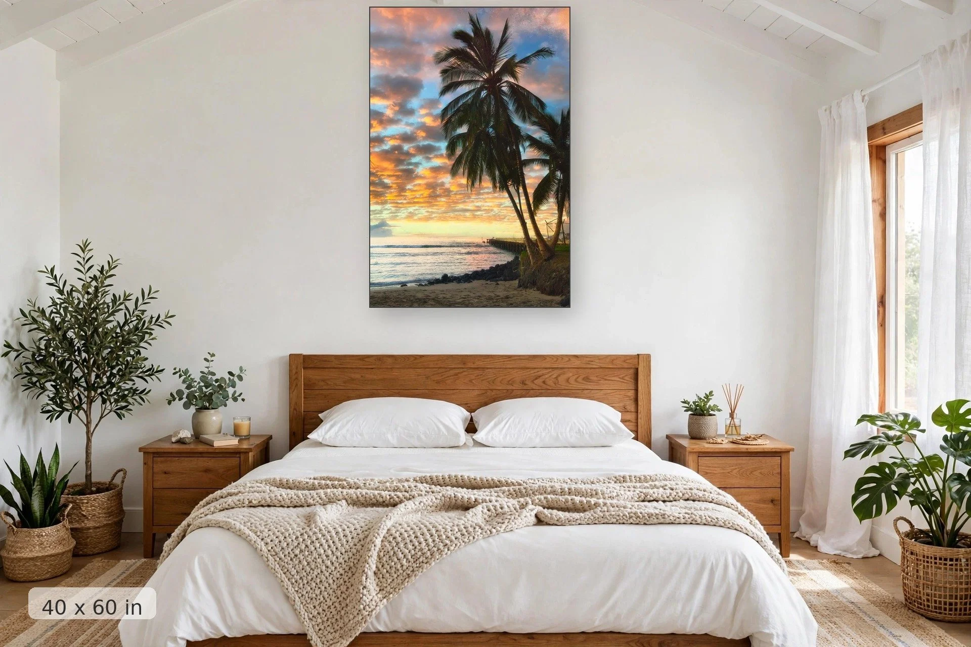 colorful clouds reflect sunset colors over hawaiian beach with large palm trees in foreground — Mala Palms print, 40x60 mockup above a bedroom headboard