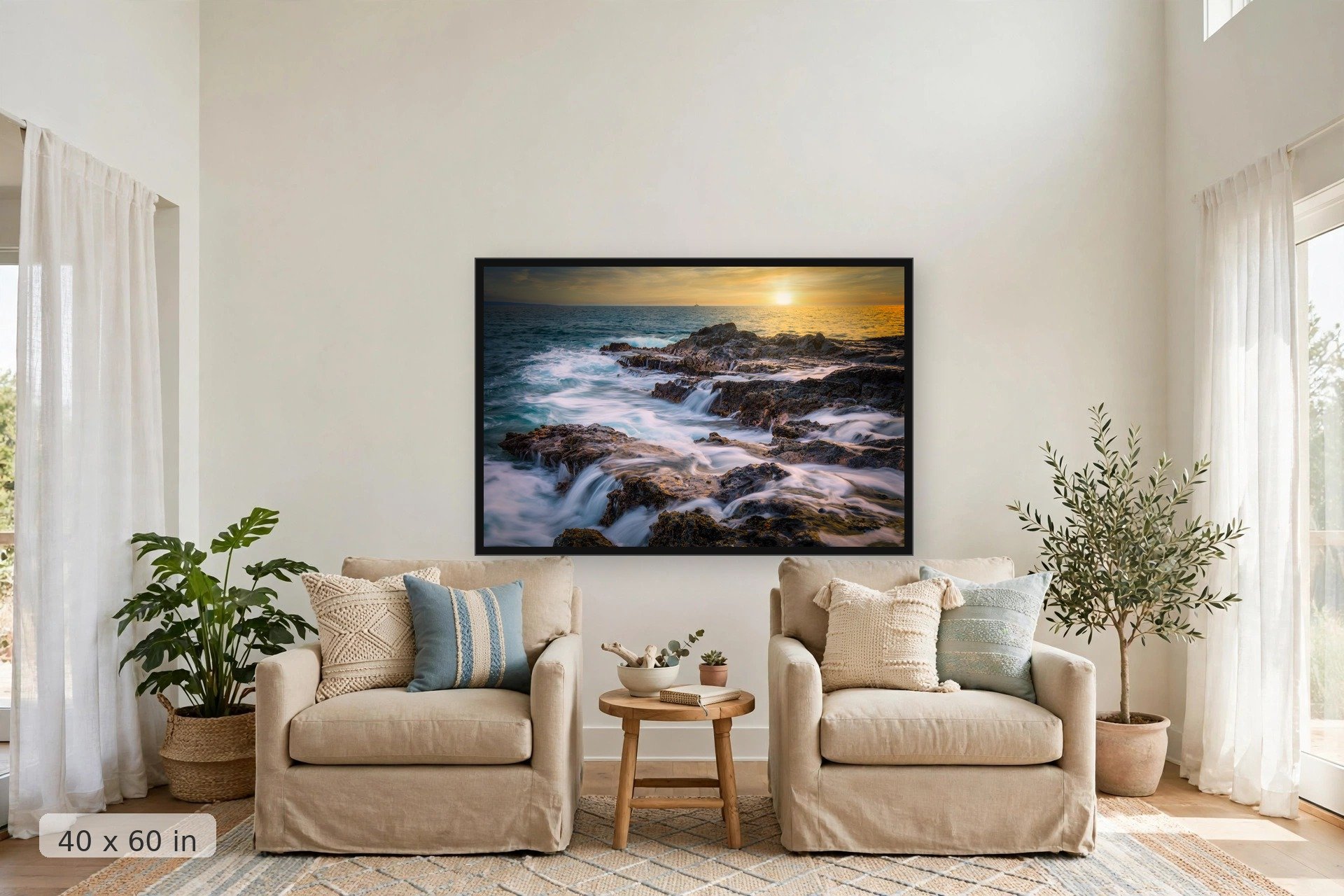 sunset along the west coast of maui with active tide pools in foreground — Tidal Twin Falls print, 40x60 large mockup in a living room