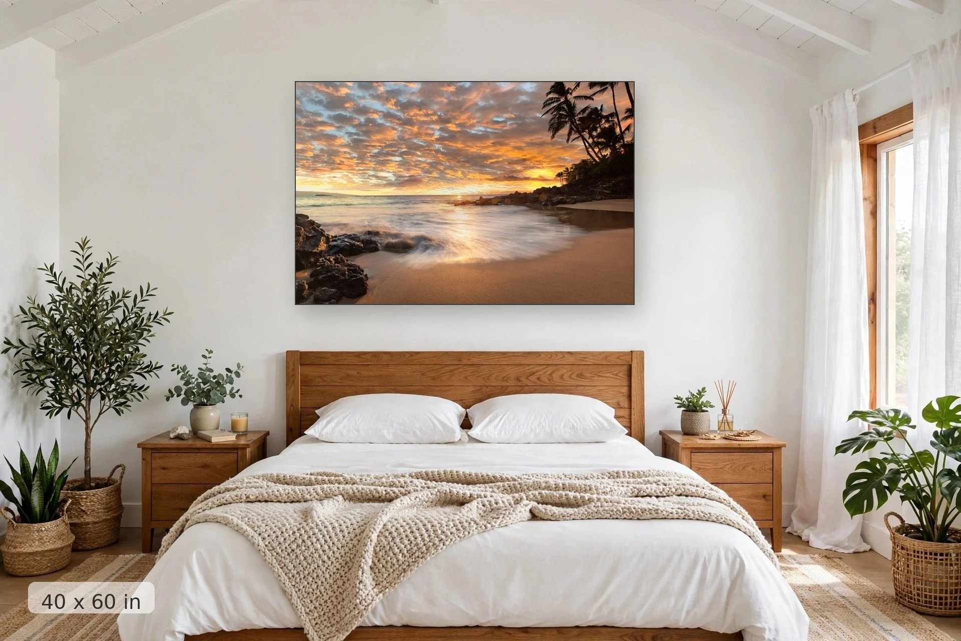 colorful clouds reflect sunset over the beach at poolenalena cove in hawaii — Po'olenalena Cove print, 40x60 mockup above a bedroom headboard