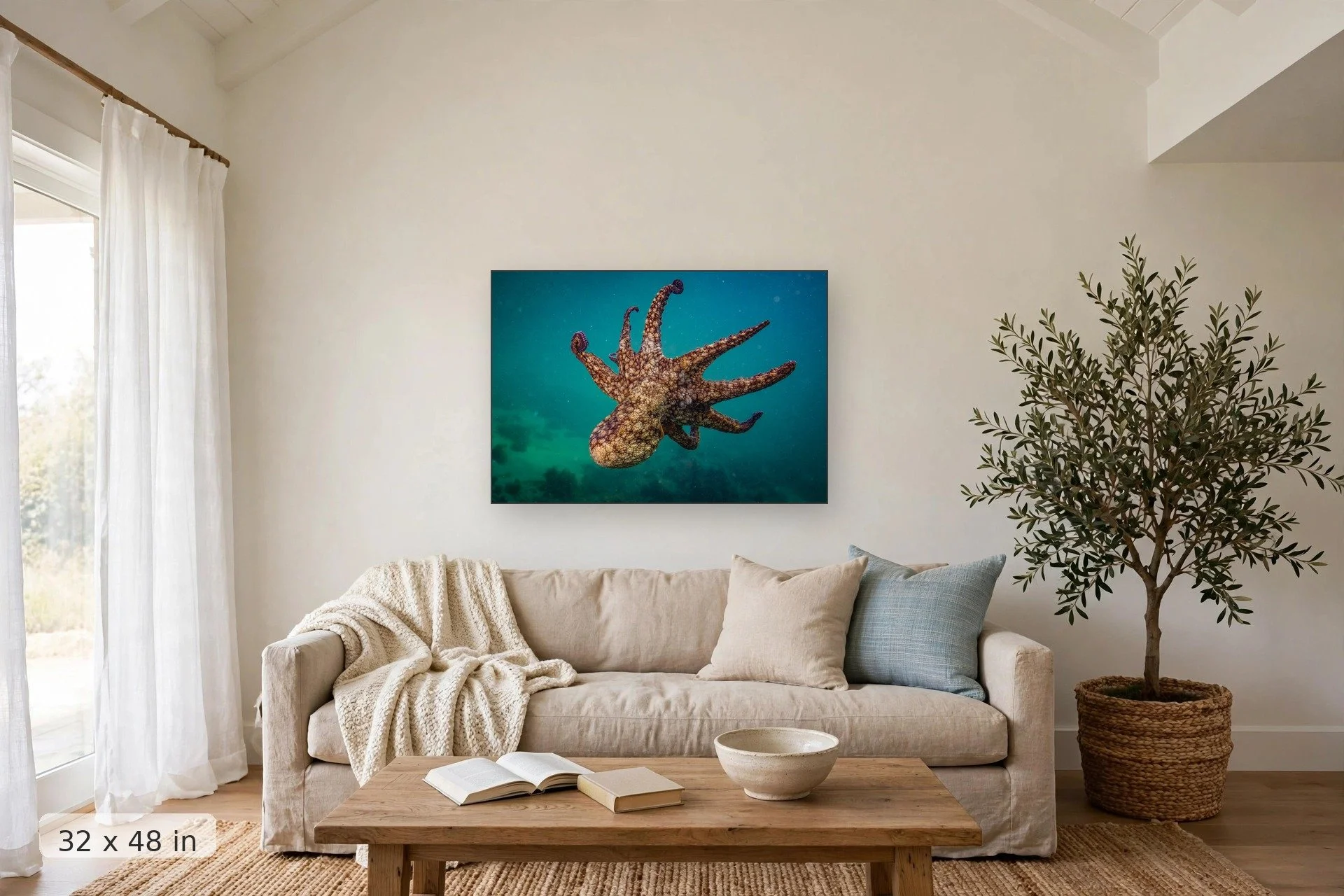 Green octopus swimming in Baja — El Pulpo print, 32x48 mockup above a living room sofa