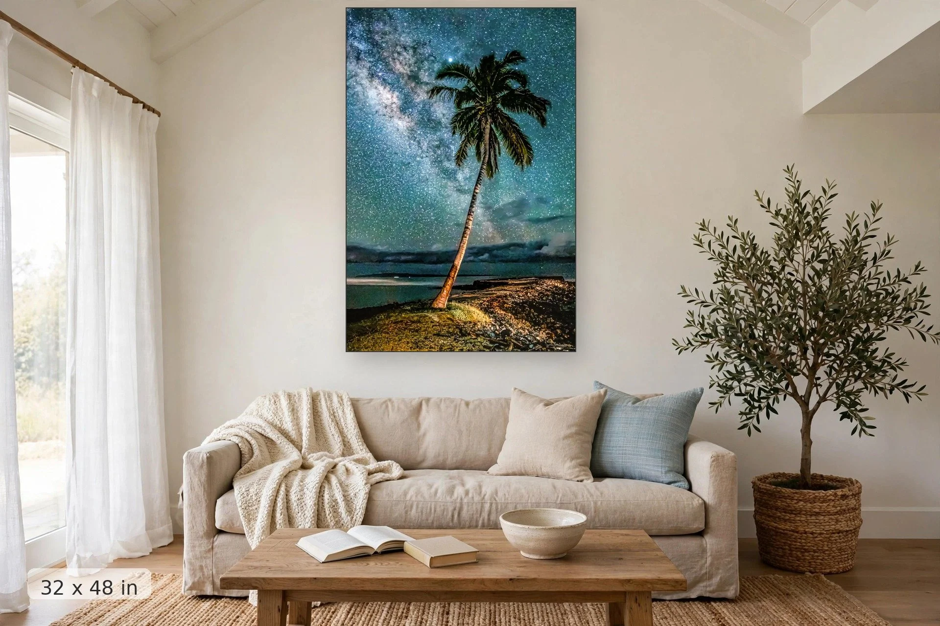 Milky Way over Olowalu, Maui — Olowalu Milky Way print, 32x48 mockup above a living room sofa