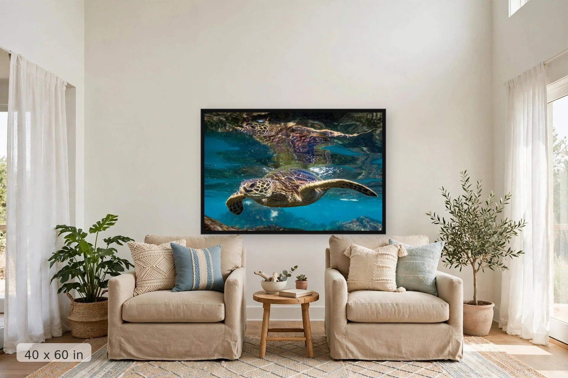 a sea turtle swims along the water surface reflecting its image — Honu Reflection print, 40x60 large mockup in a living room