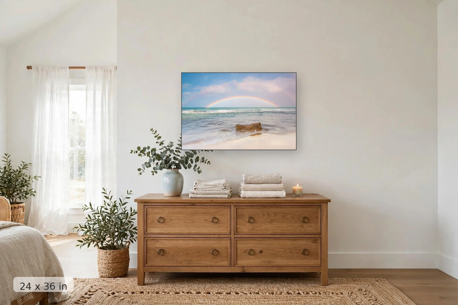 double rainbow over white sandy beach and calm water — Morning Rainbow print, 24x36 mockup above a dresser