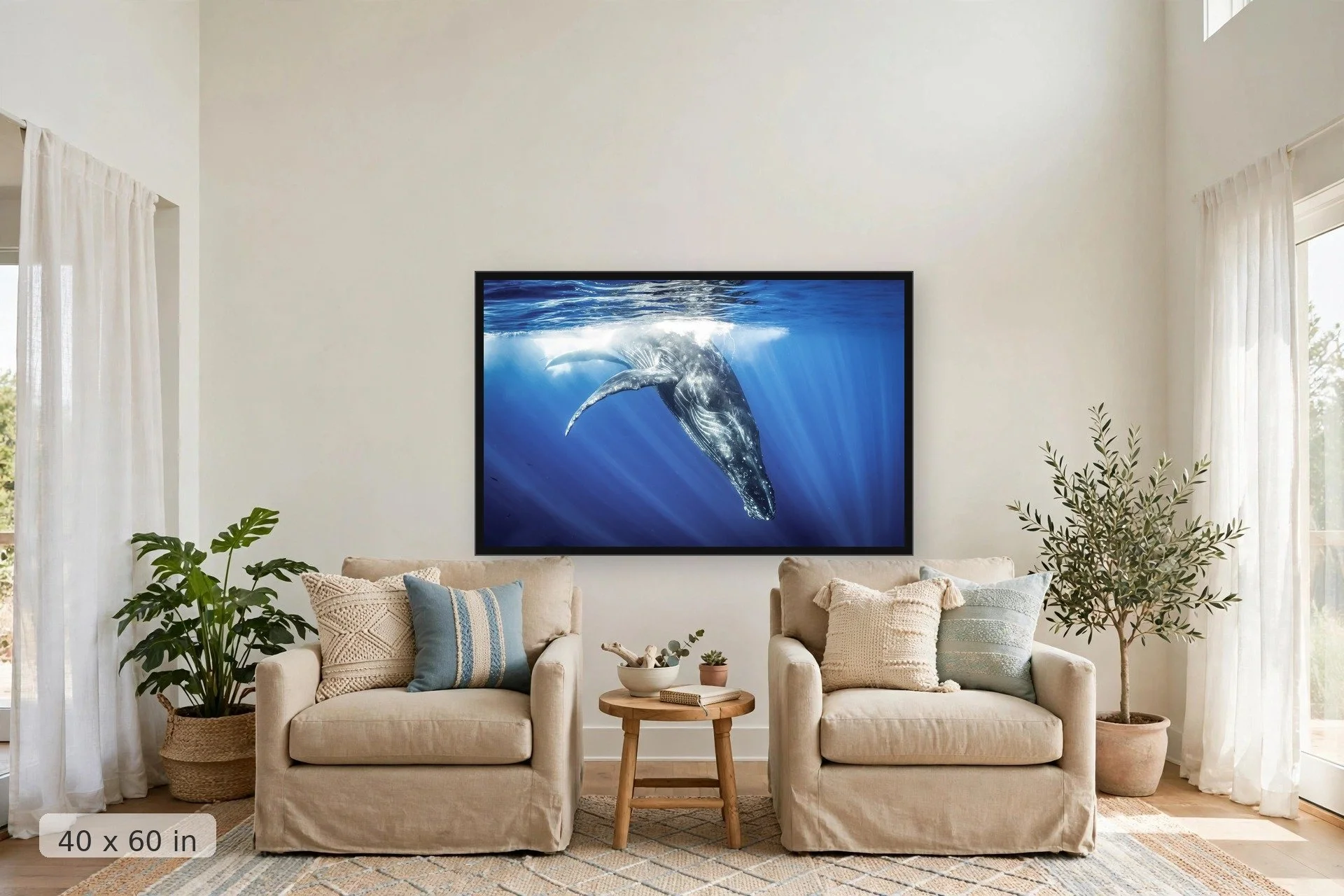 humpback whale diving below the ocean surface — Diving Whale print, 40x60 large mockup in a living room