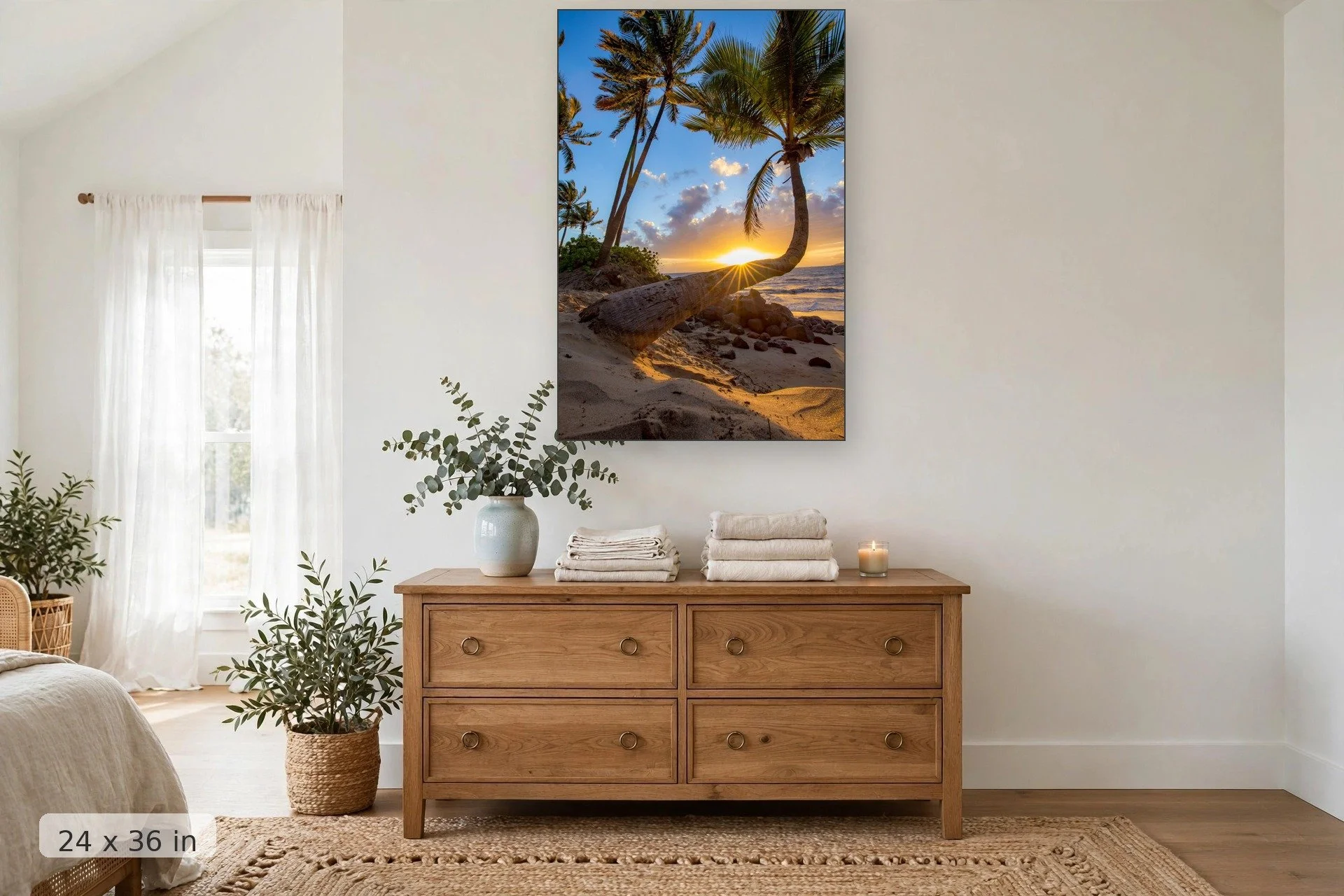 palm bends towards ocean on scenic hawaiian beach in maui — Rays of Paradise print, 24x36 mockup above a dresser