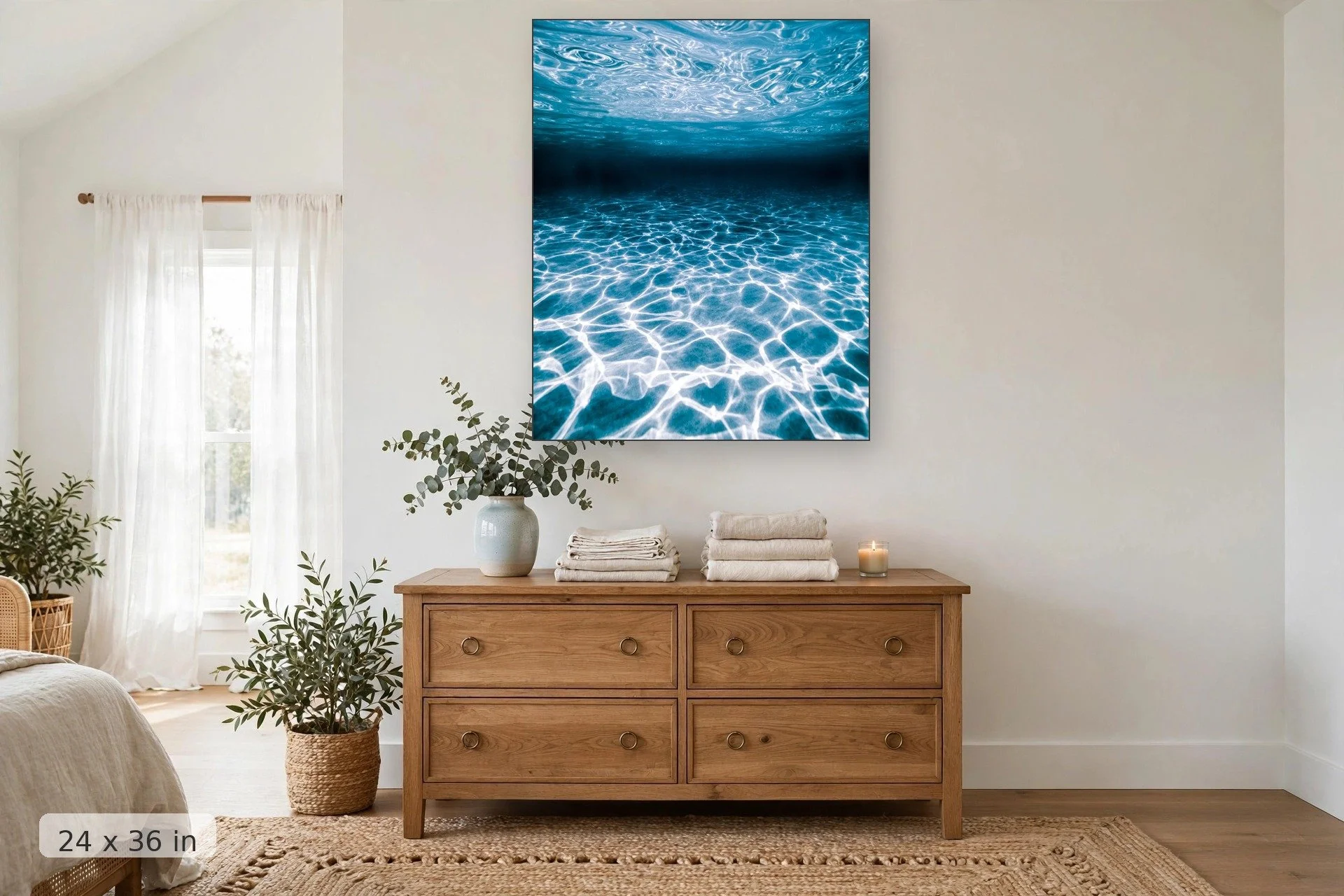 light and texture patterns on the ocean seafloor — Water Shapes print, 24x36 mockup above a dresser