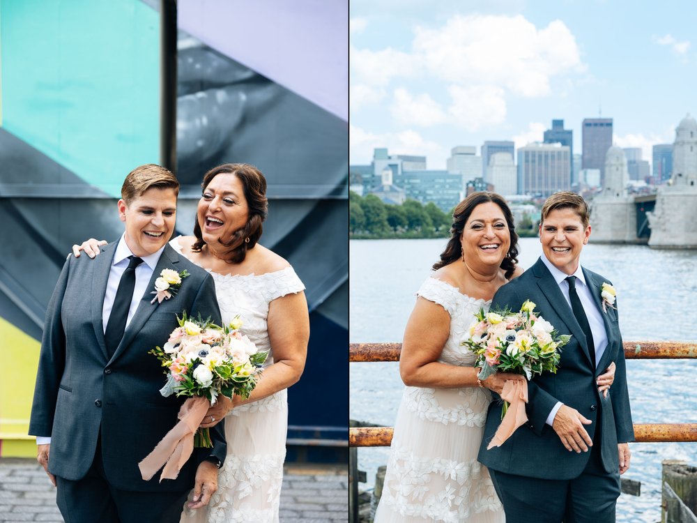  same sex couple posing for portraits  on their wedding day in Cambridge MA 