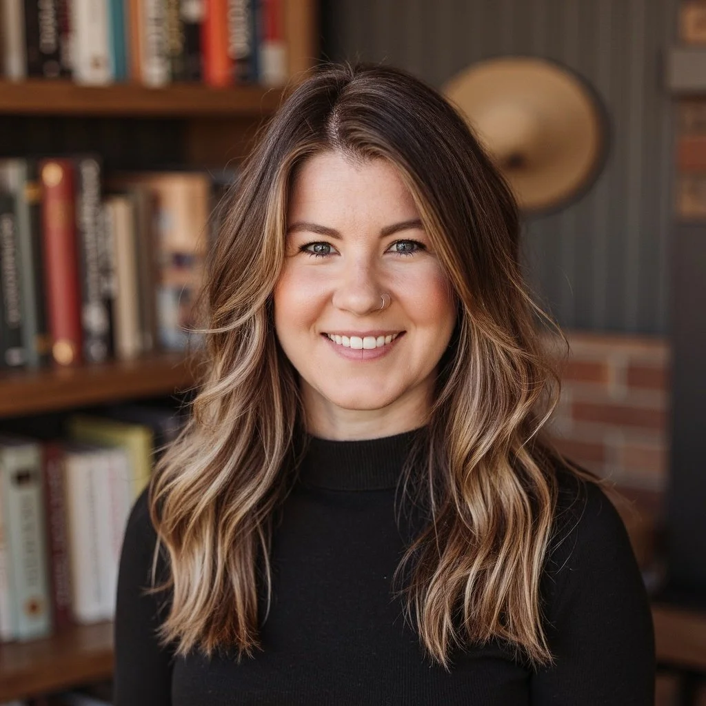 A woman with wavy, shoulder-length brown hair, wearing a black top, smiling in front of a bookshelf and a wall-mounted lamp.