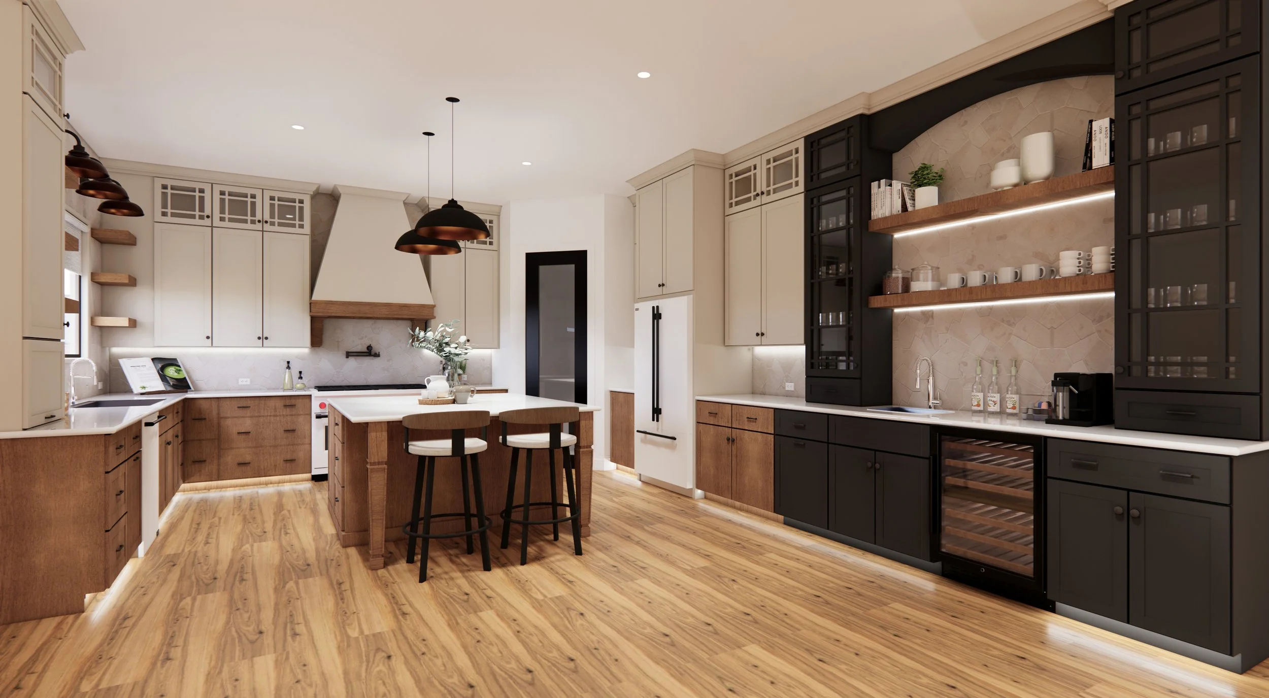 Modern kitchen with white and black cabinets, wooden accents, and a kitchen island with seating. Hardwood floors and decor including plants, books, and kitchenware.