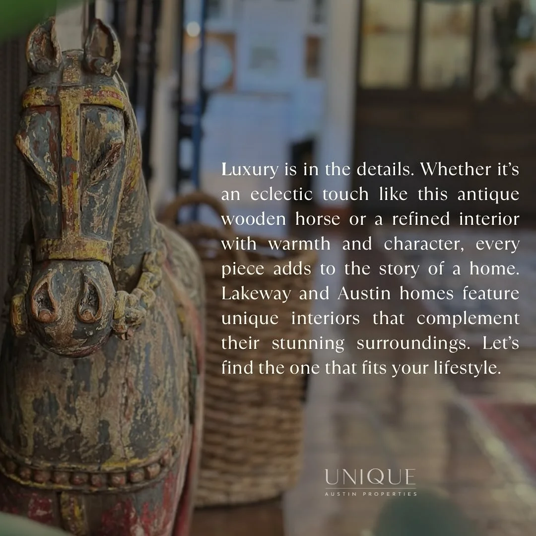 Monday Vibes | Timeless Details, Exceptional Homes ⚡️

Luxury is in the details. Whether it&rsquo;s an eclectic touch like this antique wooden horse or a refined interior with warmth and character, every piece adds to the story of a home. Lakeway and