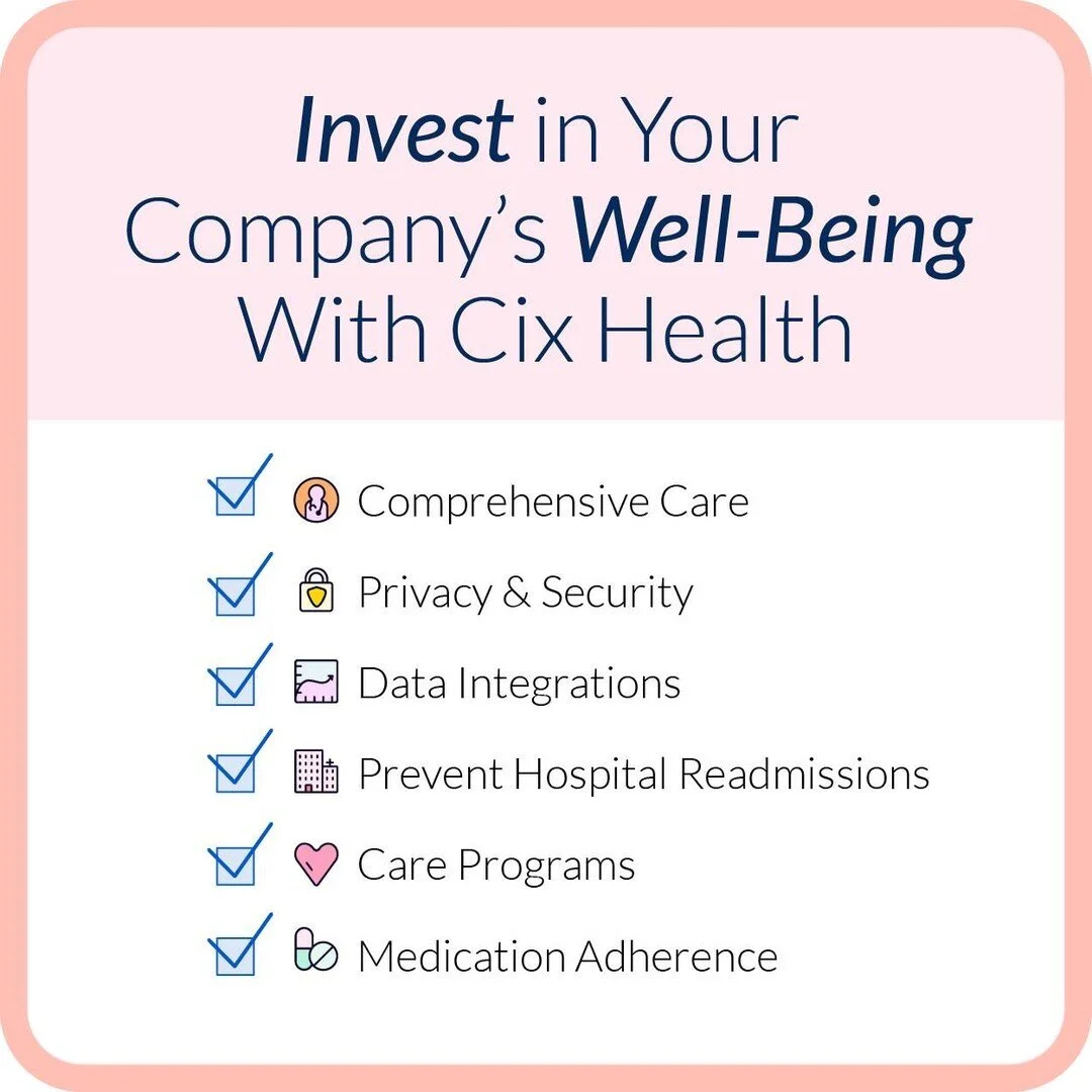 Leave the heavy lifting to us. Cix Health is here to check off all the items on your list and be your company&rsquo;s guide to better health and engagement ✅. Get started by clicking the link in our bio 🔗
.
.
.
.
.
.
.
.
.
.
.
.
.
#wellbeing #invest