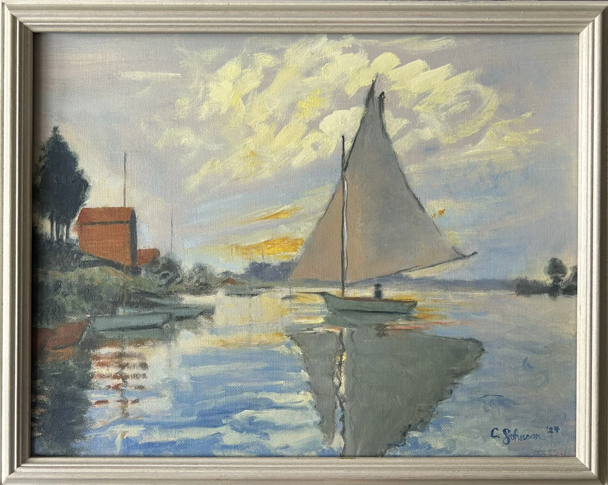 Sailboat, after Monet, 2024, 11" x 14" oil on canvas panel - $600 (with frame)