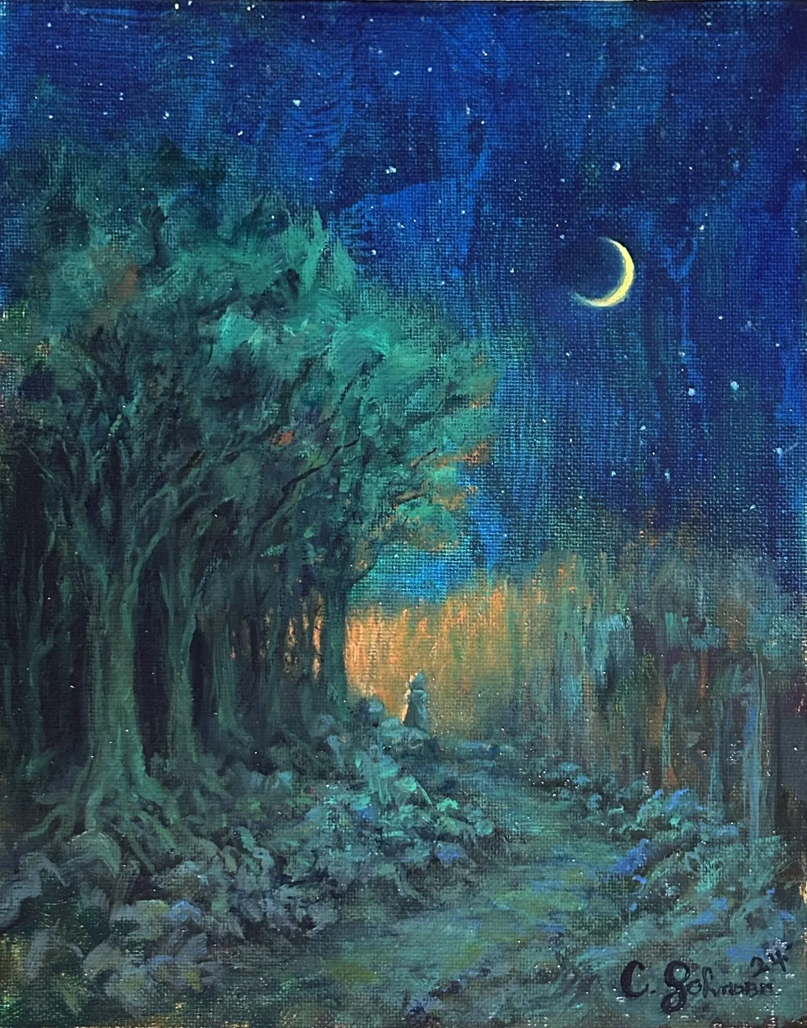 Deep Blue Night, 2024, 8" x 10" oil on canvas panel- For Sale
