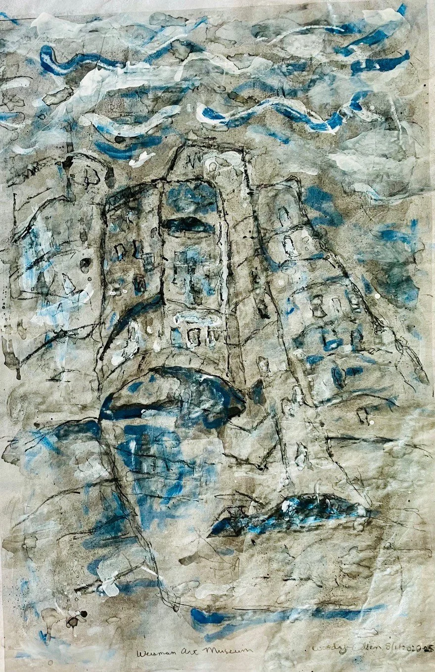 “Weisman Art Museum” 2022-25 watercolor, charcoal pencil, enhanced original watercolor image printed on paper.  26 1/4hx17w_in.