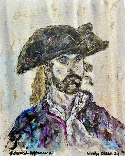 "Historical Reference 2" 2024 watercolor, charcoal pencil, metallic ink on canvas 20hx16w_in.  Juried Show Cedarburg Art Museum 2026