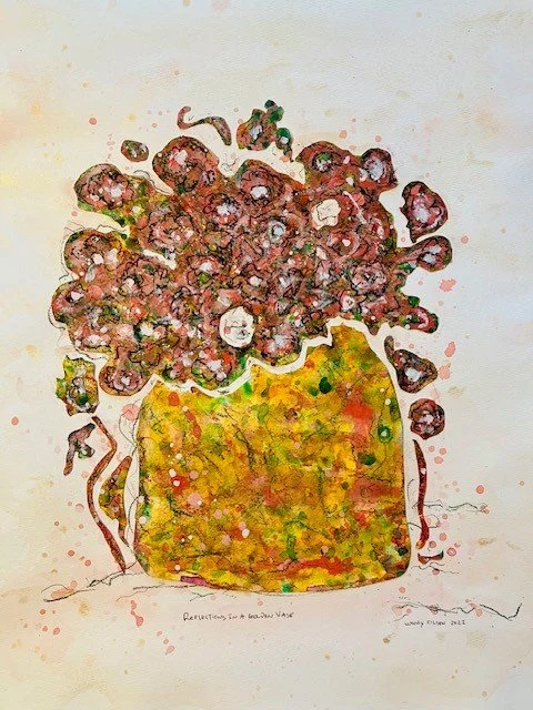 “Reflections in a golden Vase” 2022
watercolor, charcoal pencil, acrylic, metallic, collage on paper 20hx16w_in. 
 2023 Freeport 19th Regional Juried Exhibition 
May 6, 2023
Freeport IL. 
 2023 Winter Juried Exhibition  Nov 19, 2023
Anderson Arts Cen
