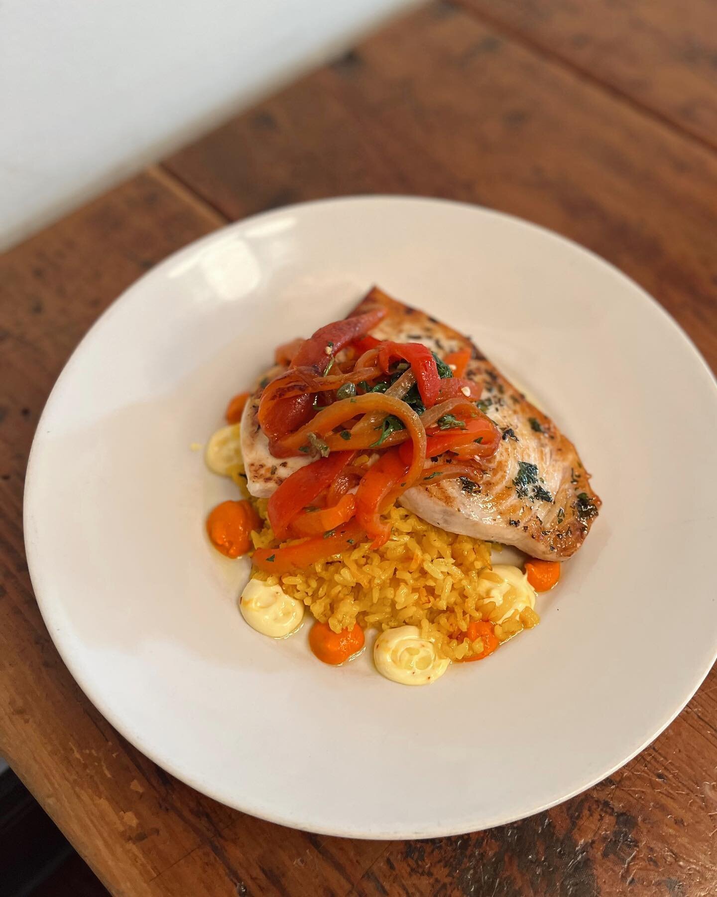 Such a beautiful dish ✨
New to our menu - Swordfish served with @ansonmills carolina rice, roasted pepper salad, romesco, and saffron aioli 

Come try one for yourself this weekend, it&rsquo;s delicious! 

#slc #slcfood #slcdining #visitutah #slcrest