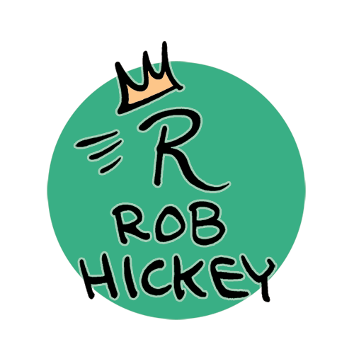 A logo with a green circle background, a stylized crown, the letter 'R', and the name 'Rob Hickey' in black text.