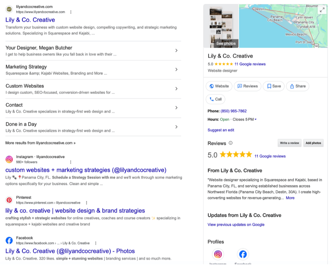 Example of Google Business Profile set up with same entity in search results