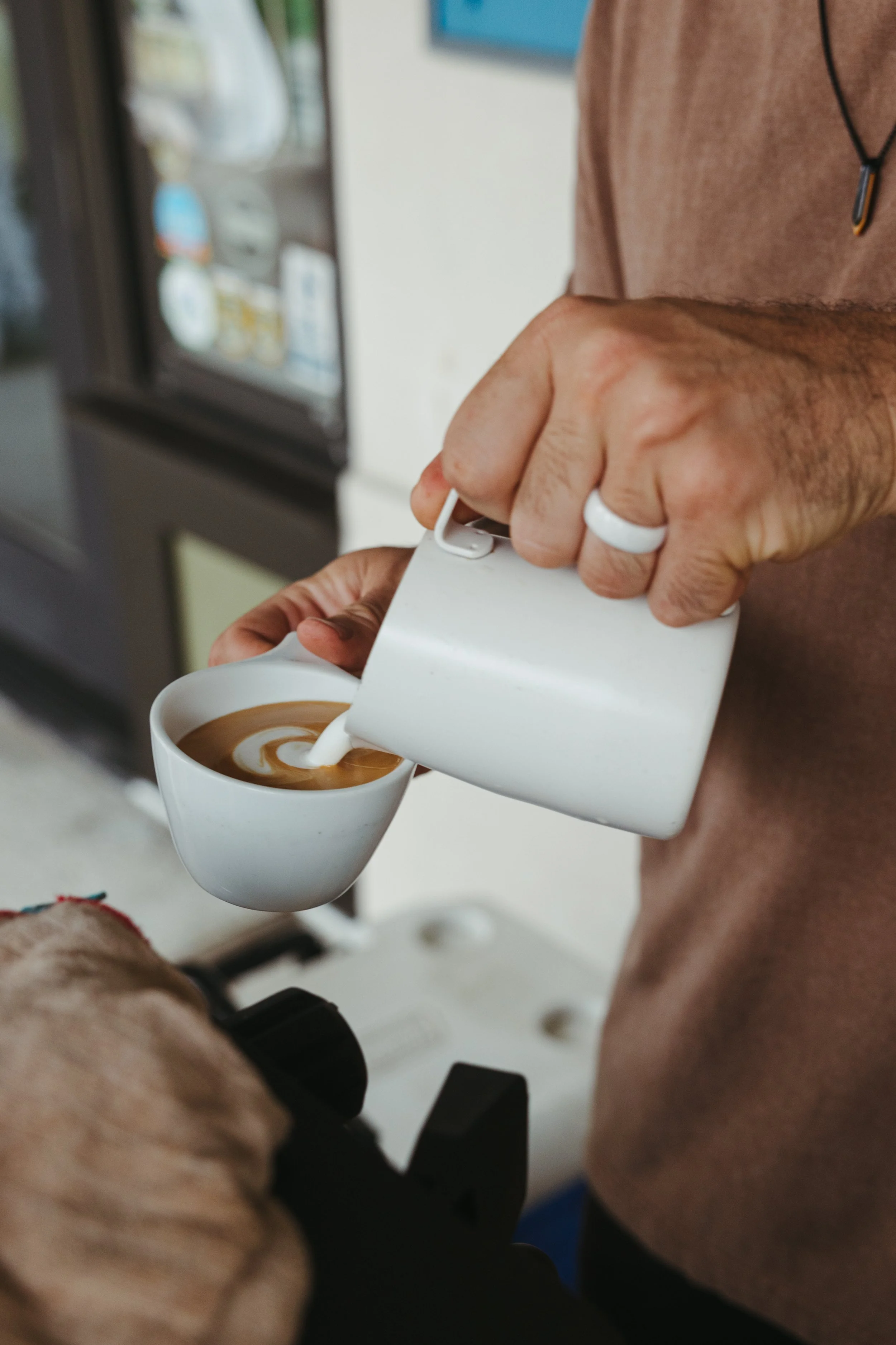 Sine Wave Coffee mobile coffee cart at Jacksonville event; Mobile coffee cart catering Jacksonville corporate event; Anthony Brewer, owner of Sine Wave Coffee; Sine Wave Coffee cart setup at private party Jacksonville; Latte art by Sine Wave Coffee