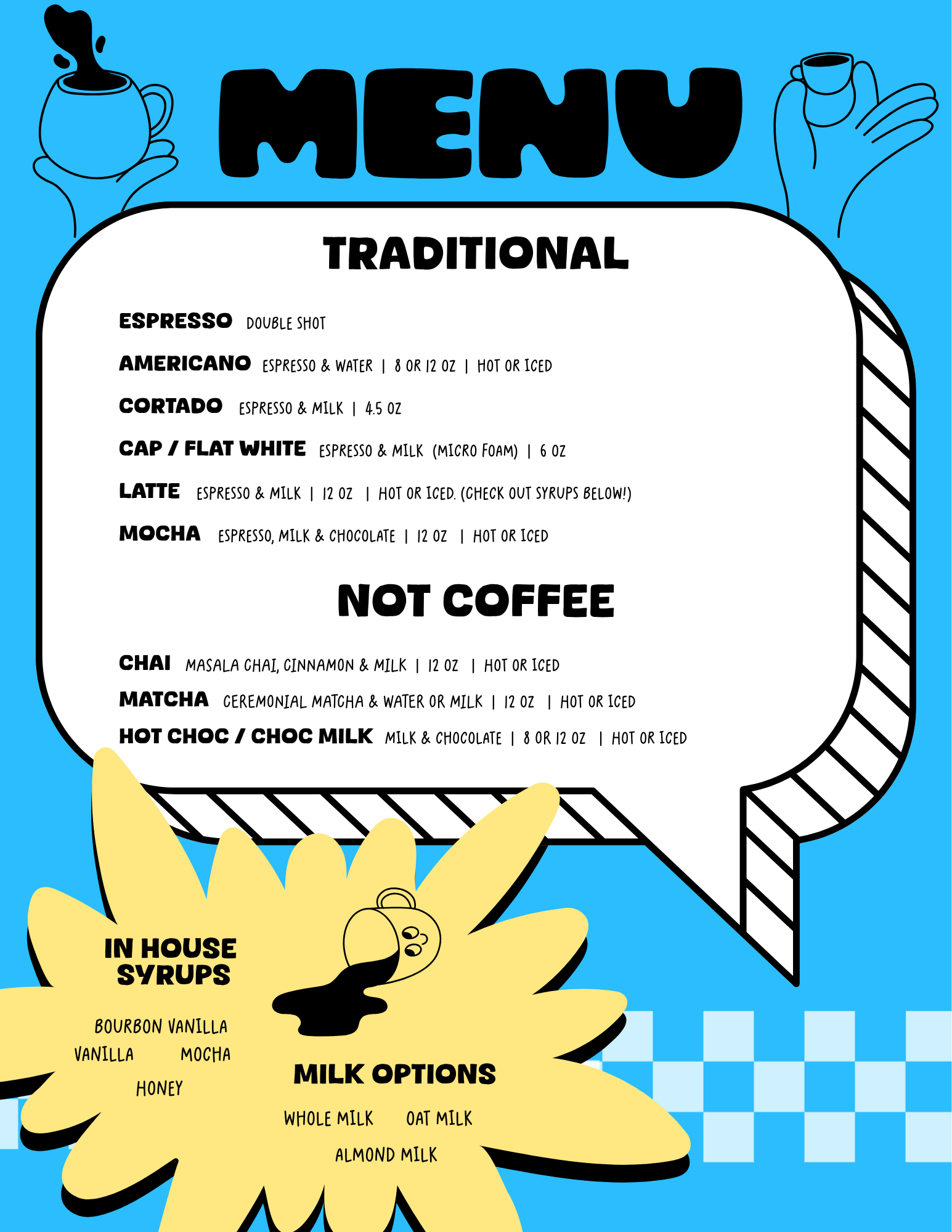 Mobile coffee cart catering at Jacksonville menu.