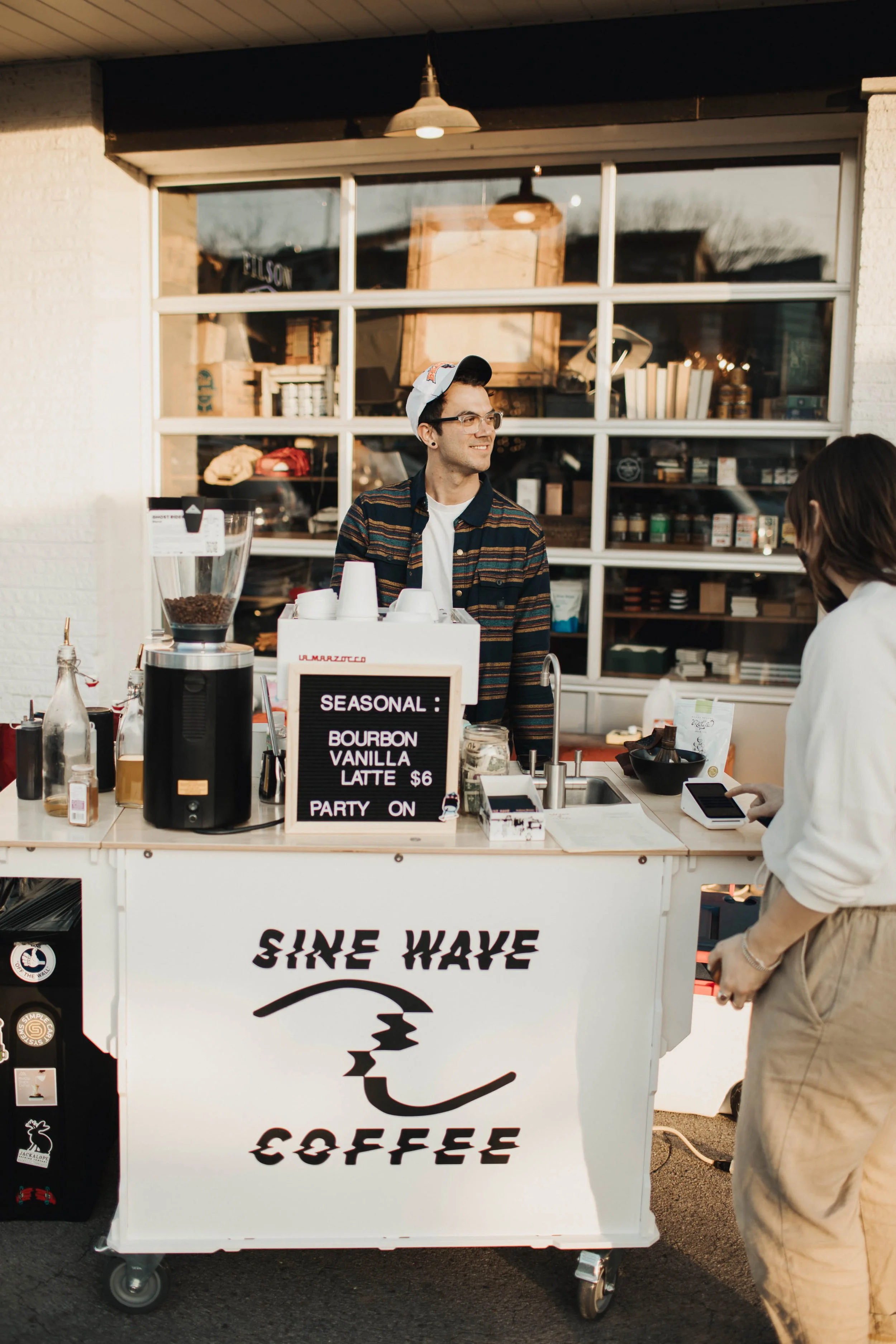 Sine Wave Coffee mobile espresso cart at Jacksonville event; Mobile coffee cart catering at Jacksonville wedding reception; Anthony Brewer, owner of Sine Wave Coffee, Jacksonville FL; Sine Wave Coffee coffee cart setup at corporate event Jacksonville