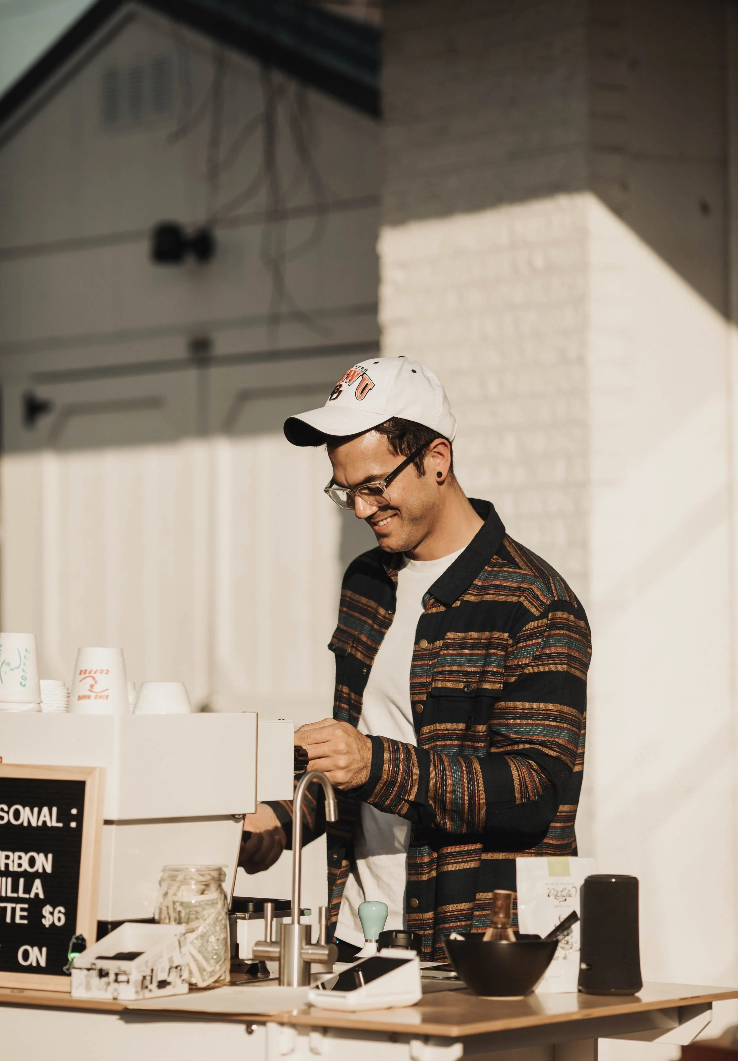 Sine Wave Coffee mobile espresso cart at Jacksonville event. Anthony Brewer, owner of Sine Wave Coffee, Jacksonville FL. Sine Wave Coffee espresso cart setup at corporate event Jacksonville.