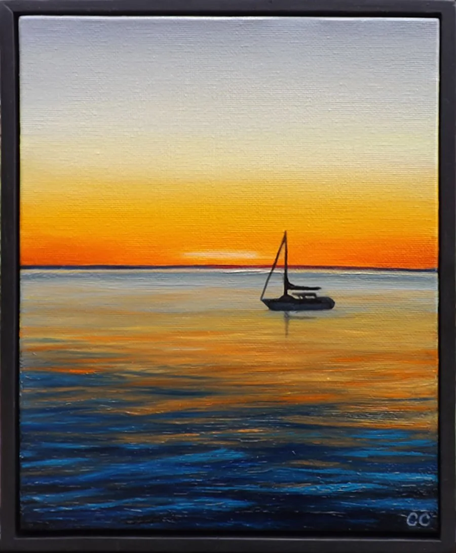 Painting of a sailboat on calm water during sunset with a colorful sky and reflections on the water.