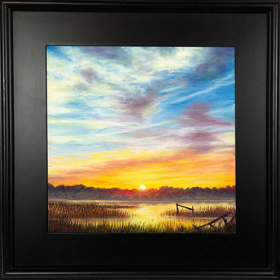 Painting of a sunset over a marsh, with a cloudy sky featuring blue, purple, and yellow hues, and a small boat near the shoreline.