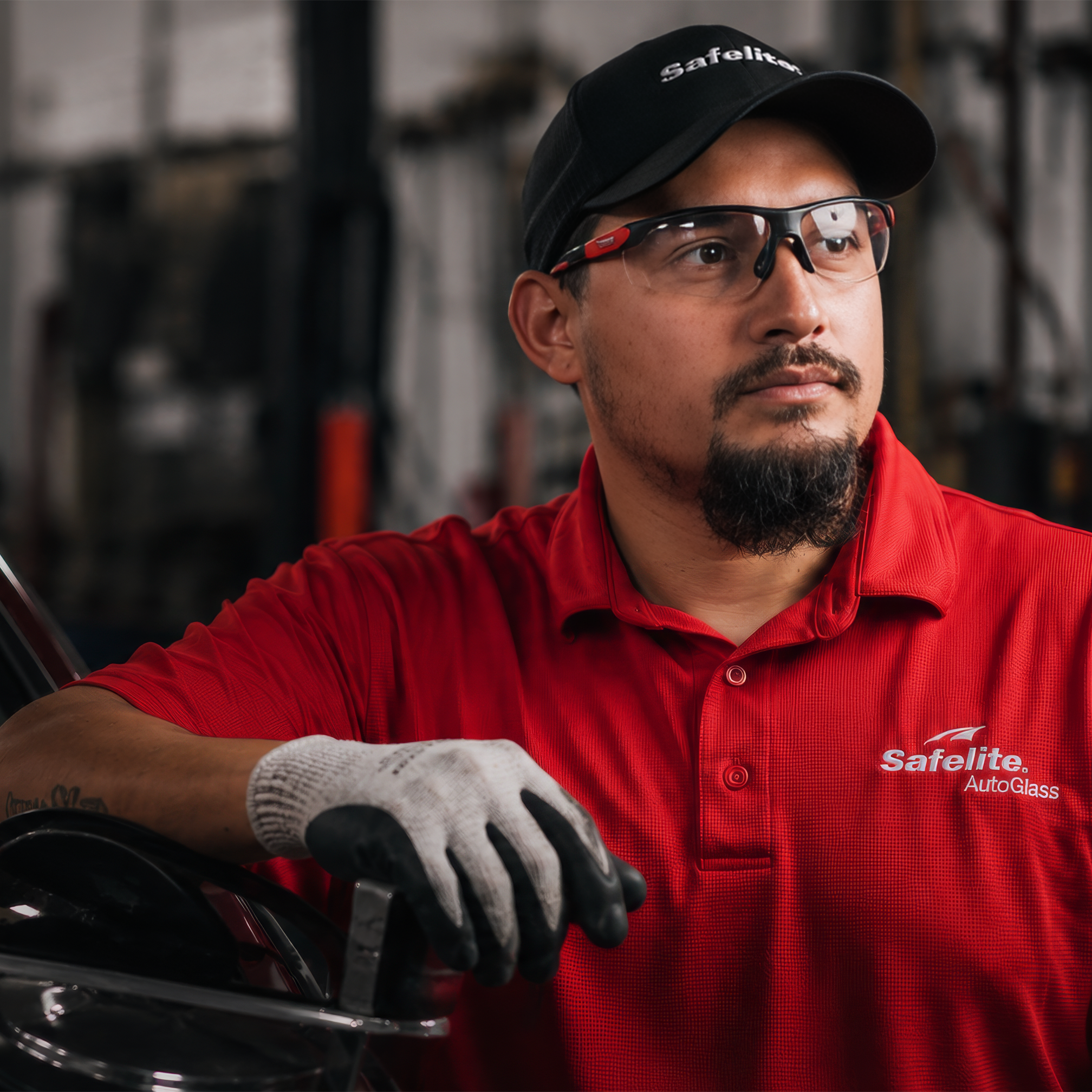 Close-up of a man wearing safety glasses, a black cap with 'Safelite' logo, and a red uniform, working on a vehicle in an auto glass repair shop.