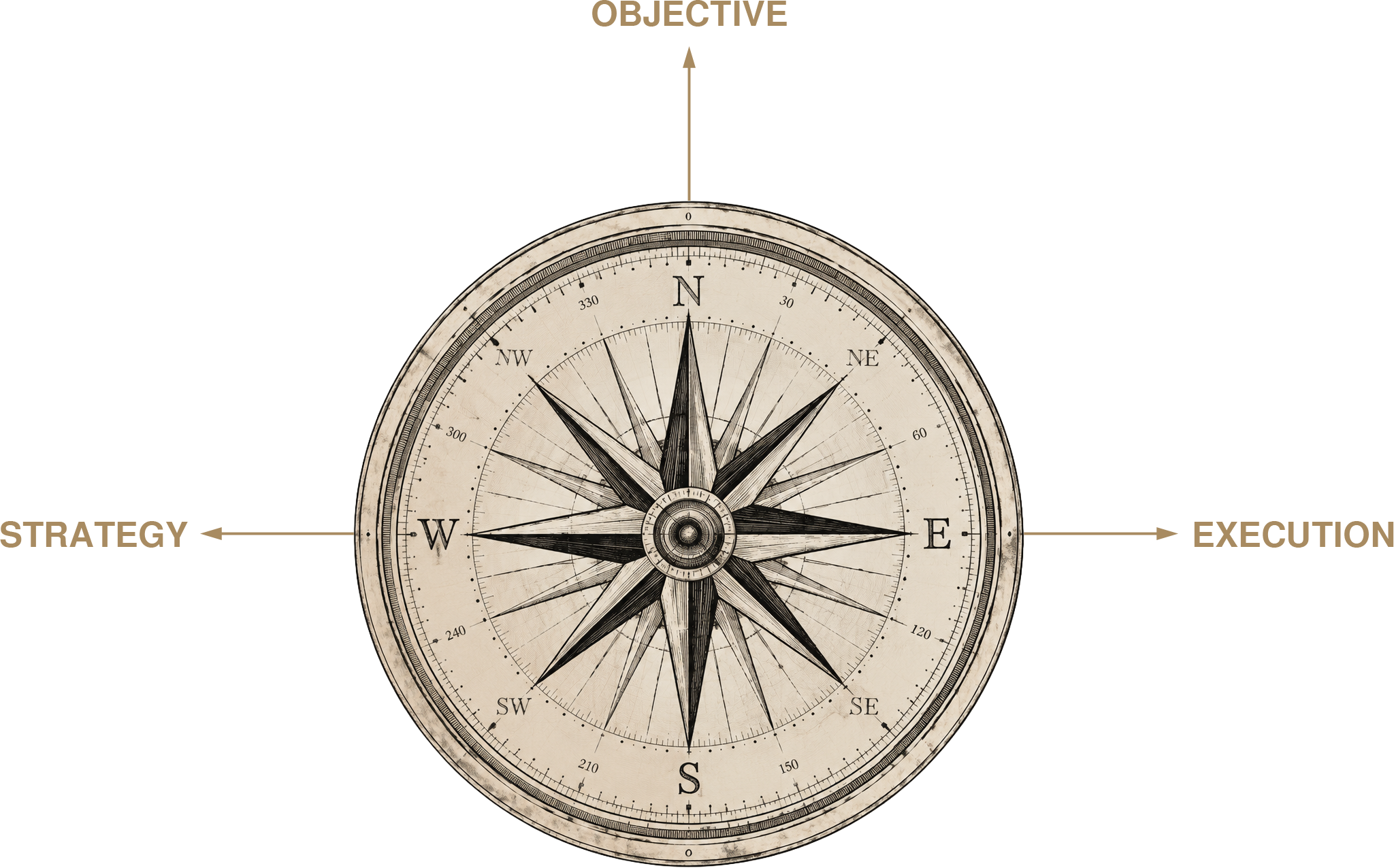Vintage compass with a beige background divided into black, gold, and cream sections. West points toward the word "Strategy". North points toward the word "Objective". East points toward the word "Execution".