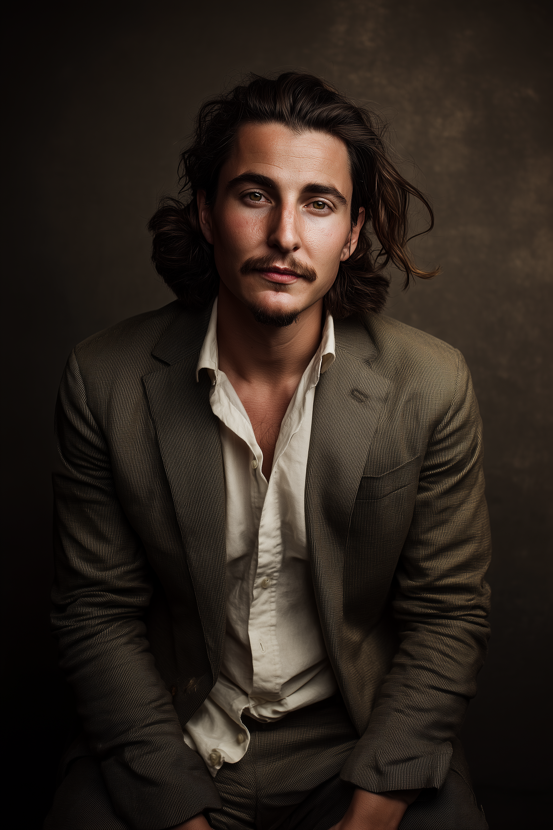 Portrait of a young man with long, wavy brown hair and a mustache, wearing a light brown blazer over a cream shirt, looking directly at the camera against a dark background.